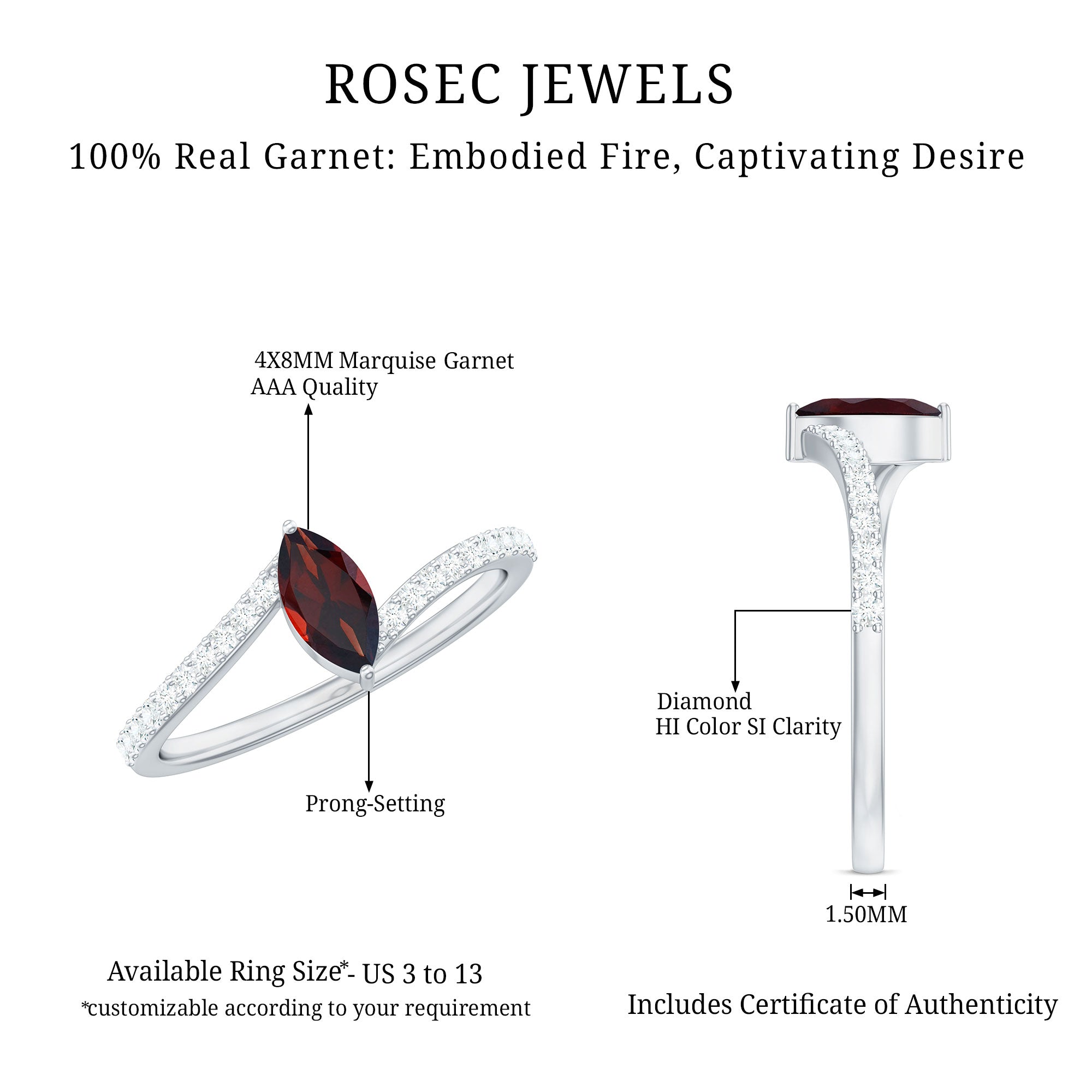 Natural Marquise Garnet Promise Ring with Diamond Bypass Shank AAA - Rosec Jewels