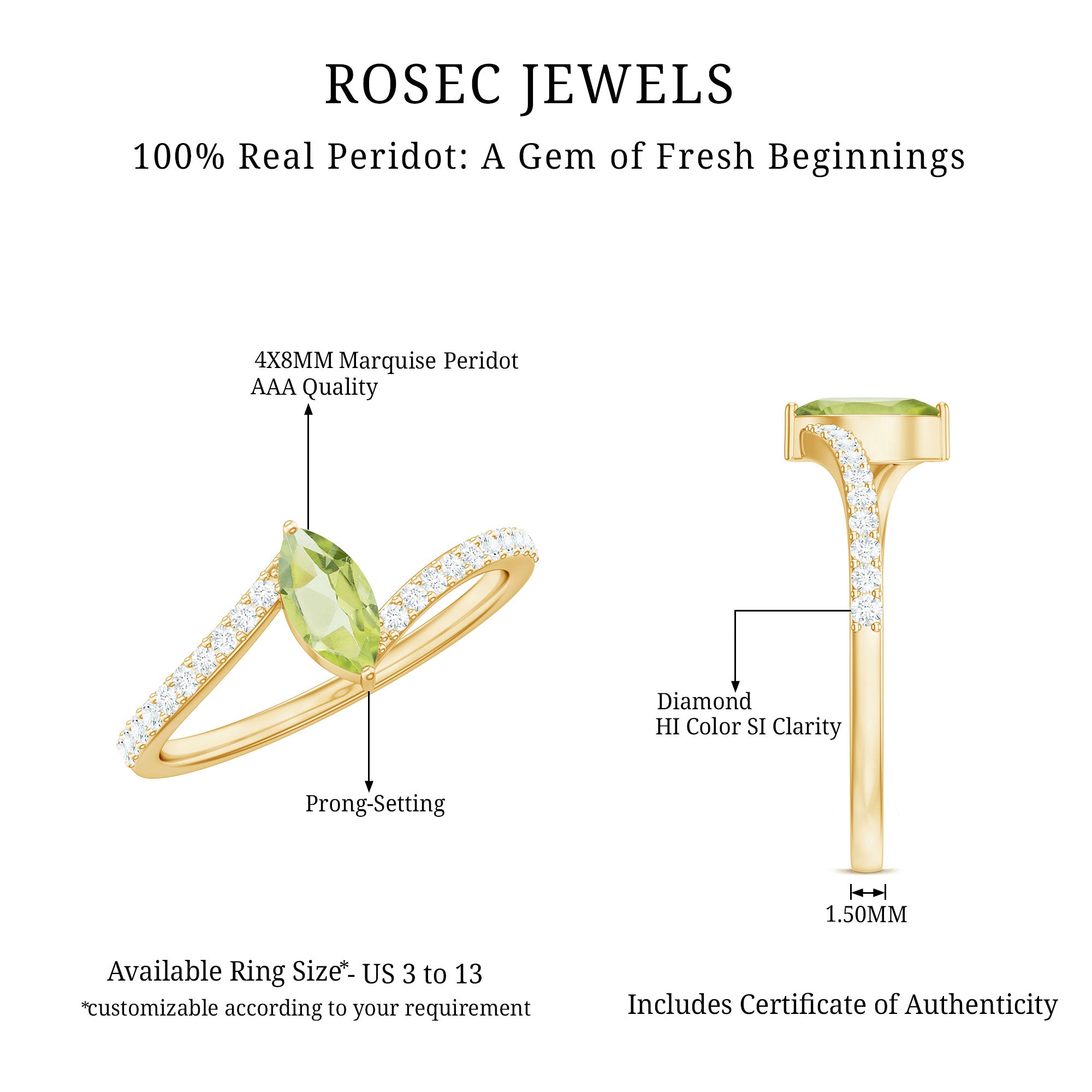 Rosec Jewels-Real 0.7 Carat Peridot Marquise Promise Ring with Diamond Bypass Shank