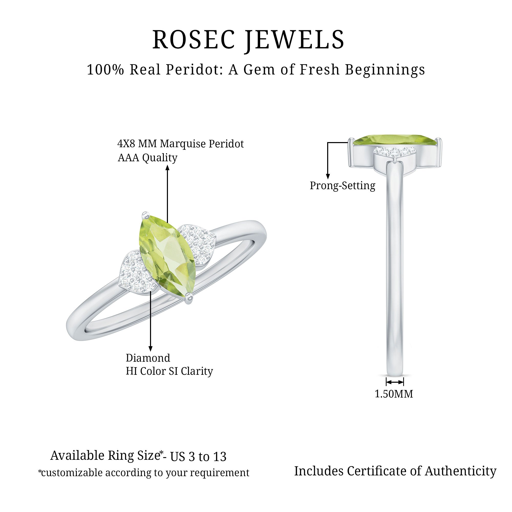 Rosec Jewels-Natural 0.7 Carat Marquise Peridot Promise Ring with Diamond