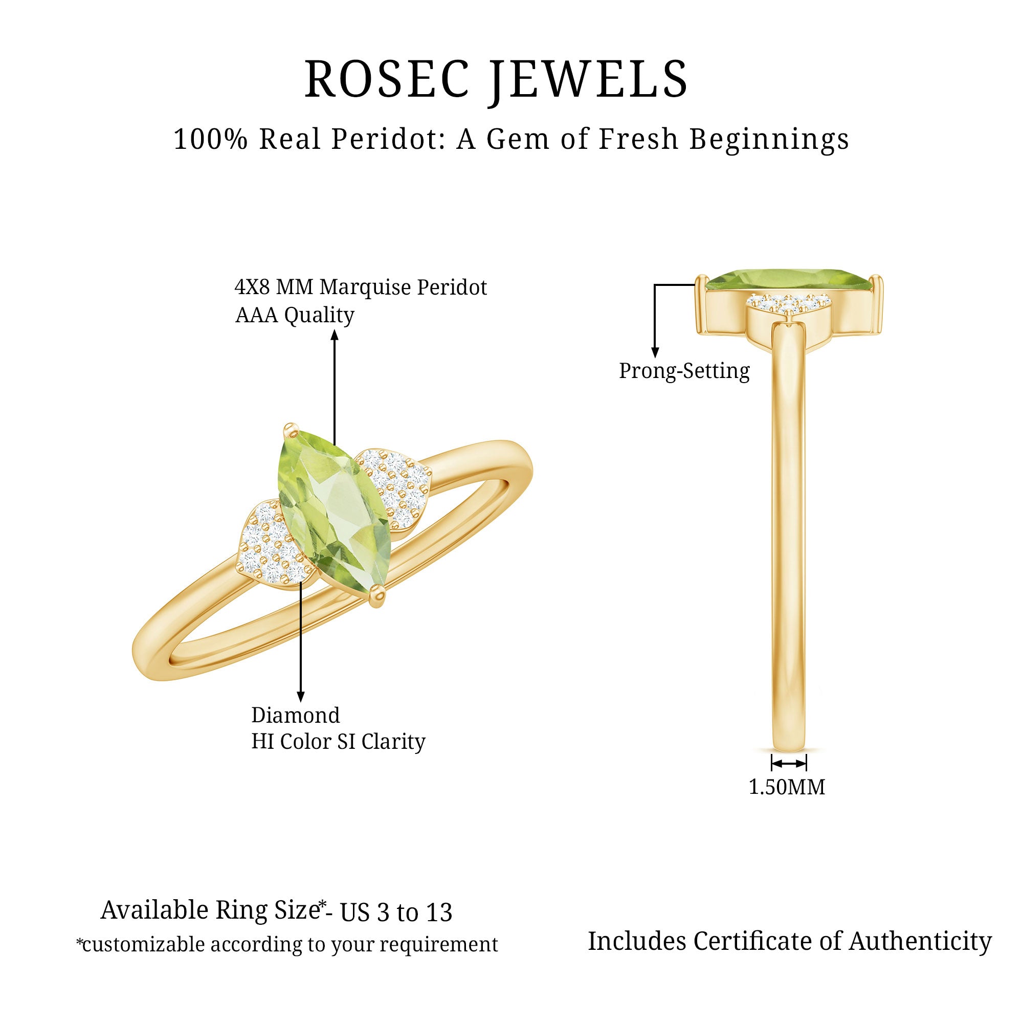 Rosec Jewels-Natural 0.7 Carat Marquise Peridot Promise Ring with Diamond