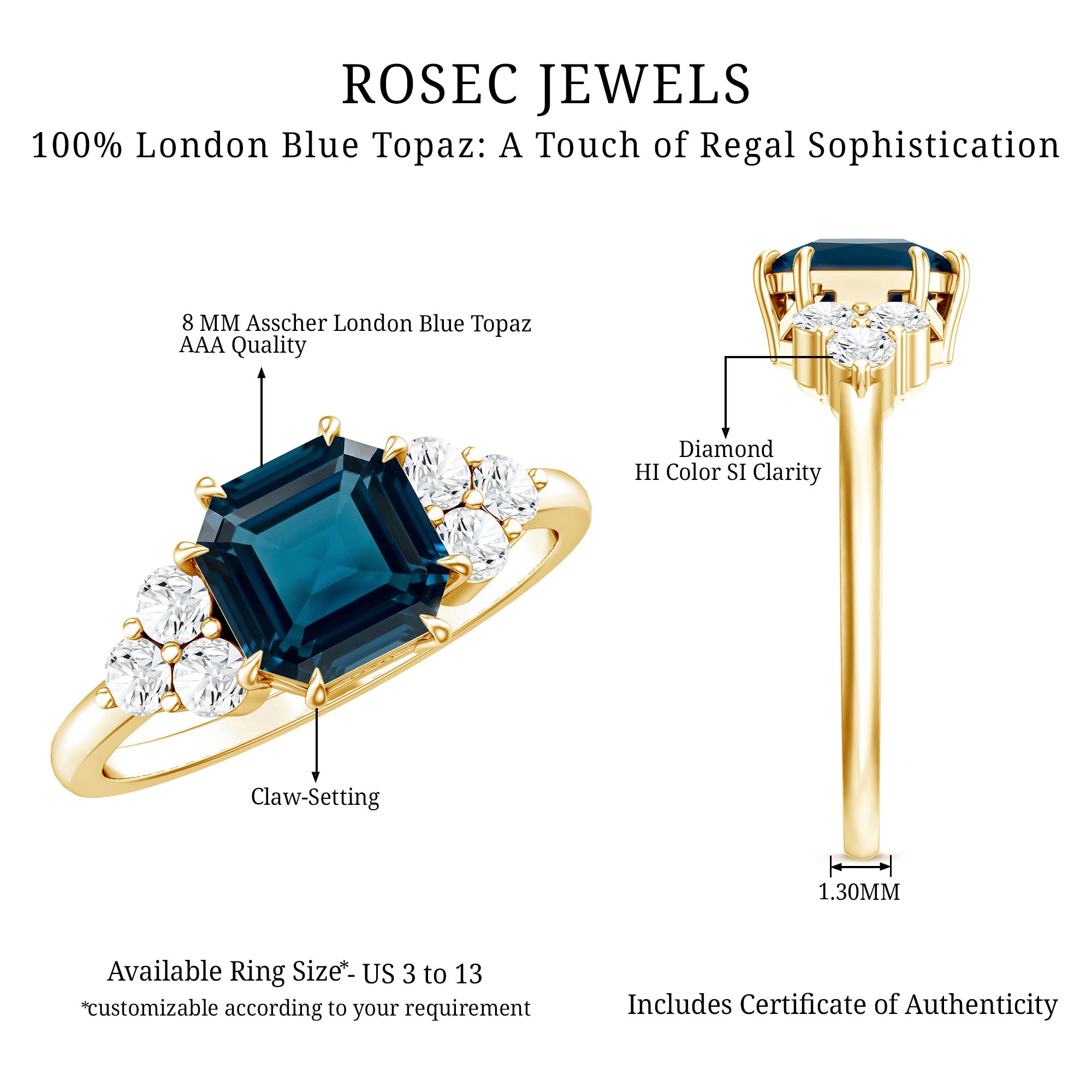 Asscher Cut London Blue Topaz Solitaire Engagement Ring with Diamond Trio AAA - Rosec Jewels