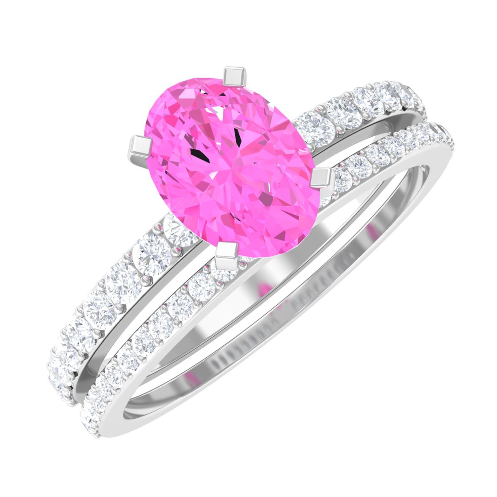 Pink Sapphire Oval Engagement Ring Set with Moissanite Pink Sapphire - ( AAA ) - Quality - Rosec Jewels