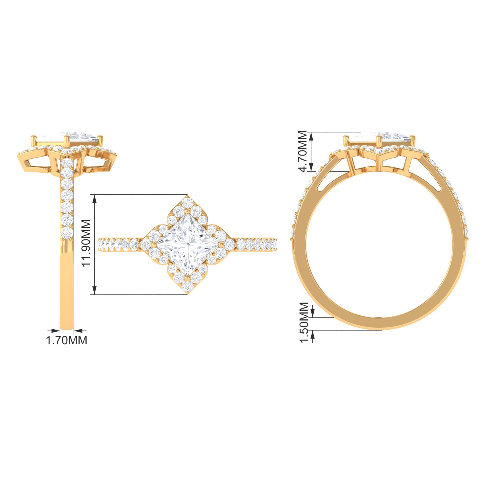 1.75 CT Princess Cut Zircon Engagement Ring Floral Halo AAAA - Rosec Jewels
