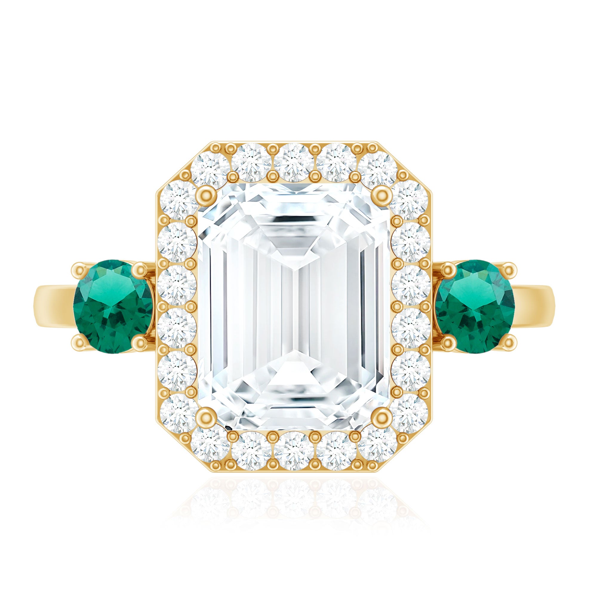 Certified 7X9 mm Moissanite Emerald Cut Engagement Ring with Emerald AAAA - Rosec Jewels