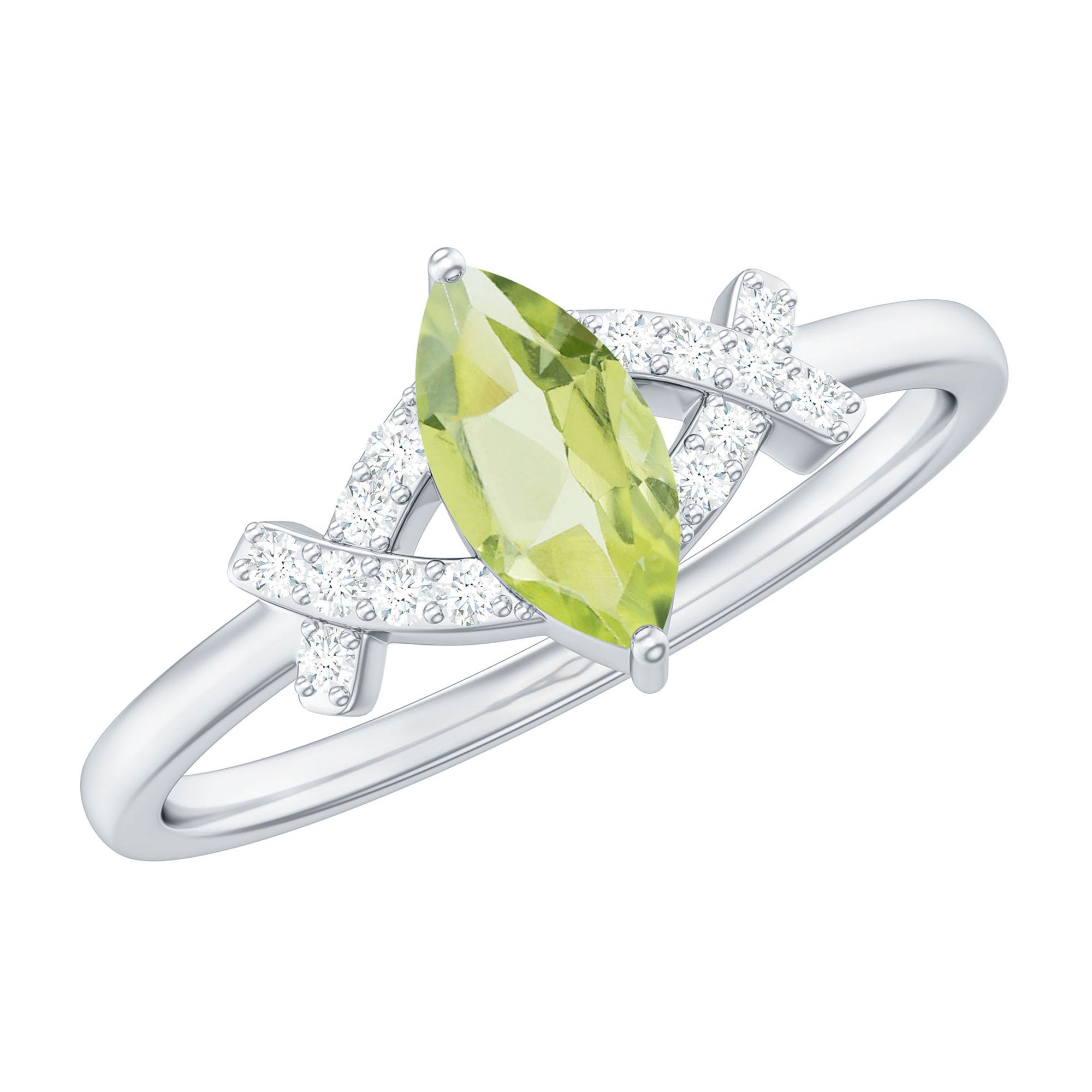 Certified Real 0.7 Carat Marquise Peridot Promise Ring with Diamond AAA - Rosec Jewels