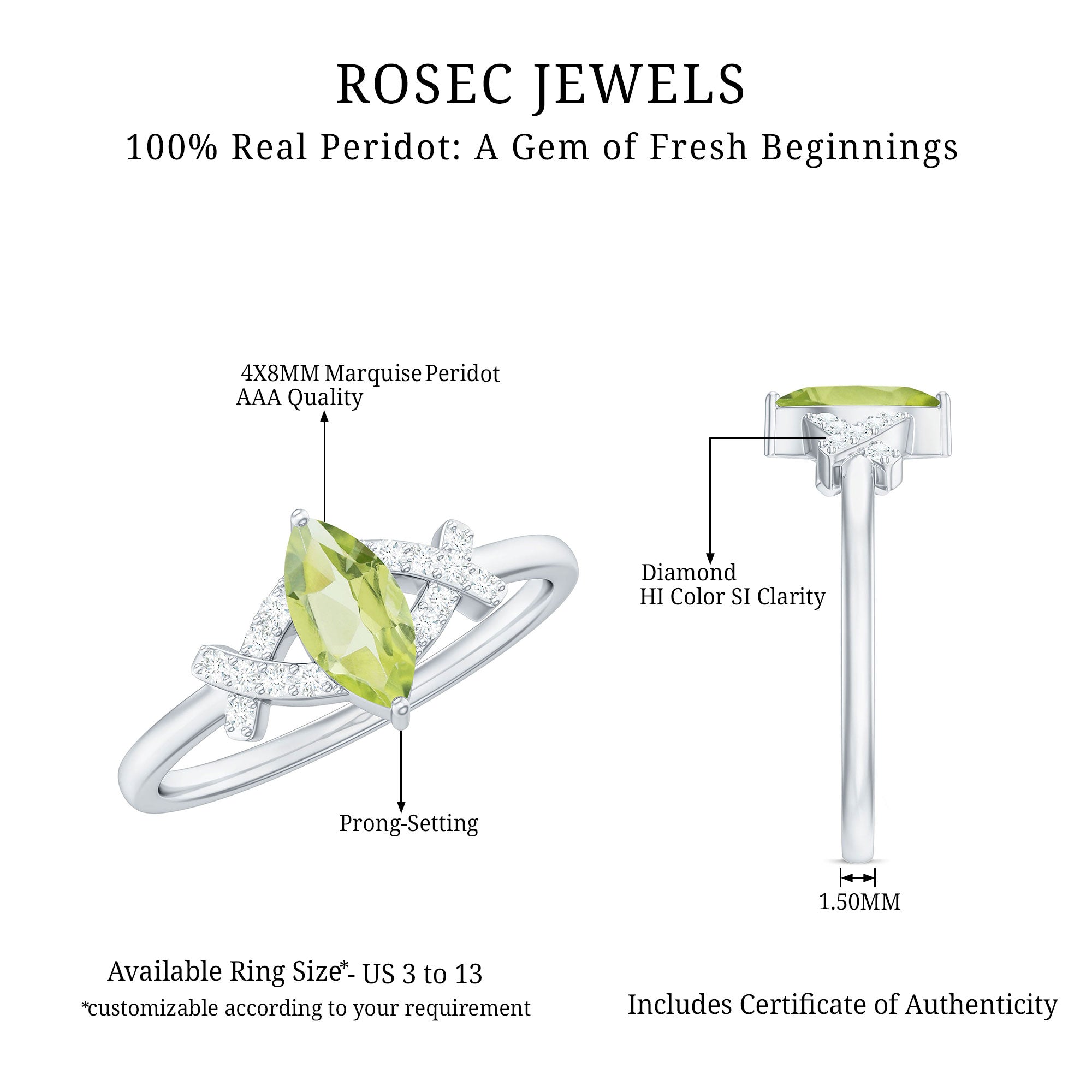 Certified Real 0.7 Carat Marquise Peridot Promise Ring with Diamond AAA - Rosec Jewels