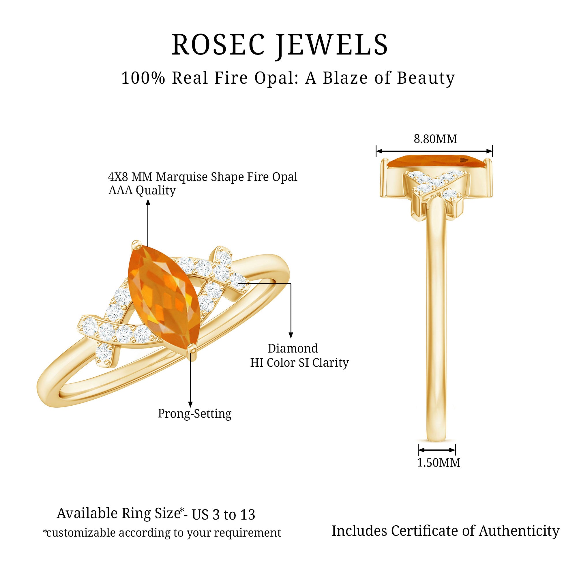 1/2 Carat Fire Opal Marquise Solitaire Ring with Diamond AAA - Rosec Jewels