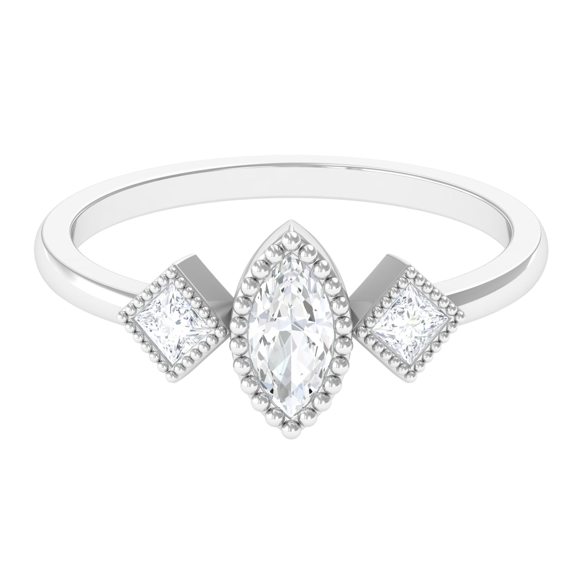 Beaded Bezel Set Zircon Three Stone Engagement Ring AAAA - Rosec Jewels