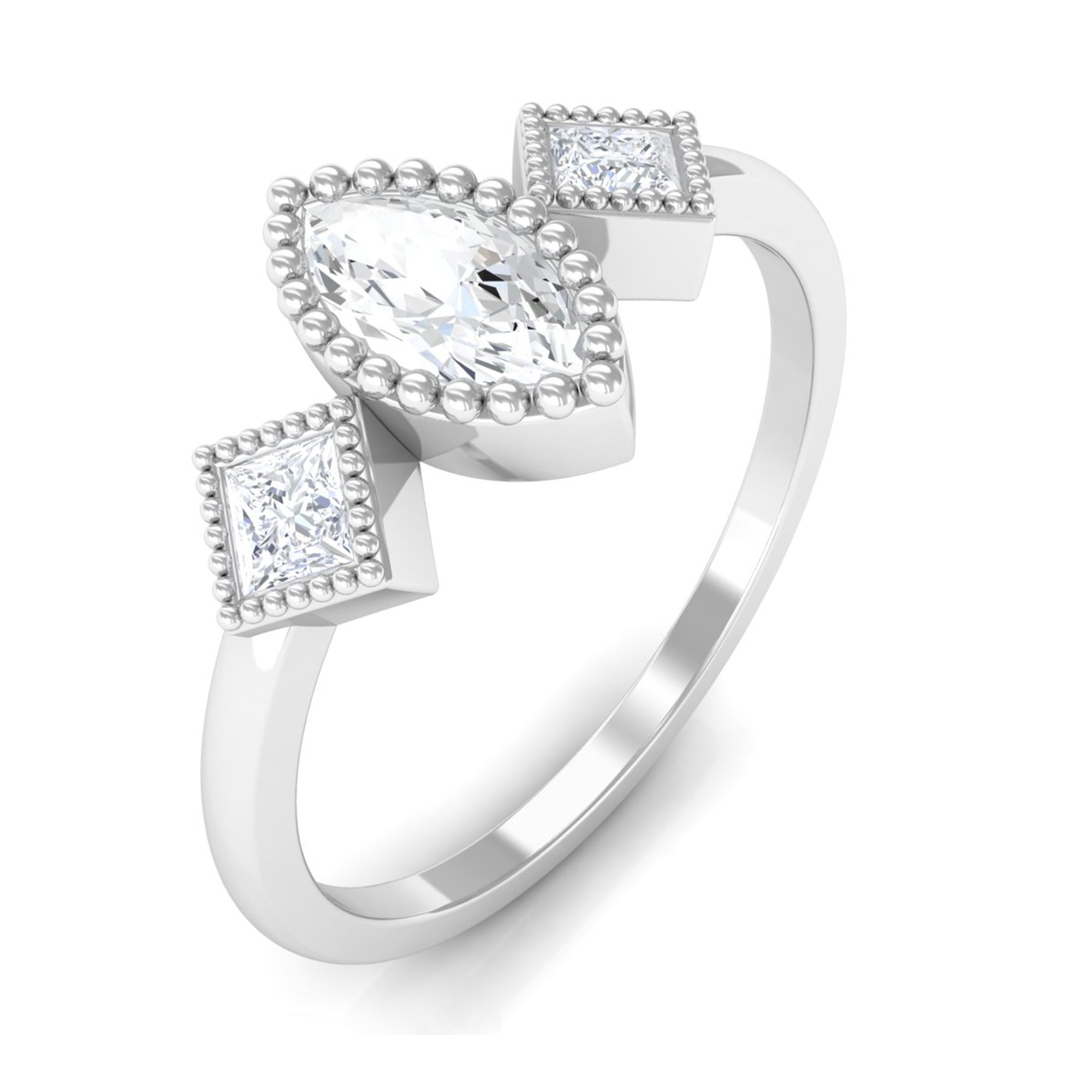 Beaded Bezel Set Zircon Three Stone Engagement Ring AAAA - Rosec Jewels