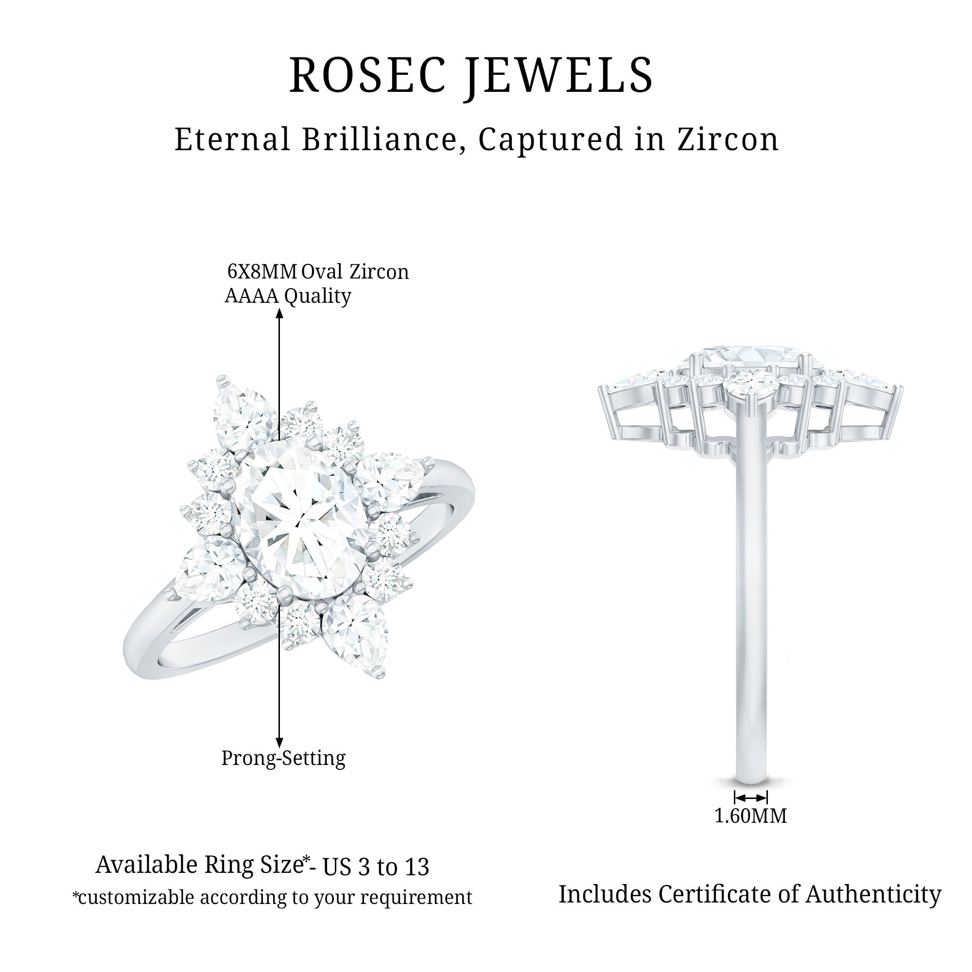 1 Carat Oval Zirconia Statement Engagement Ring with Halo AAAA - Rosec Jewels