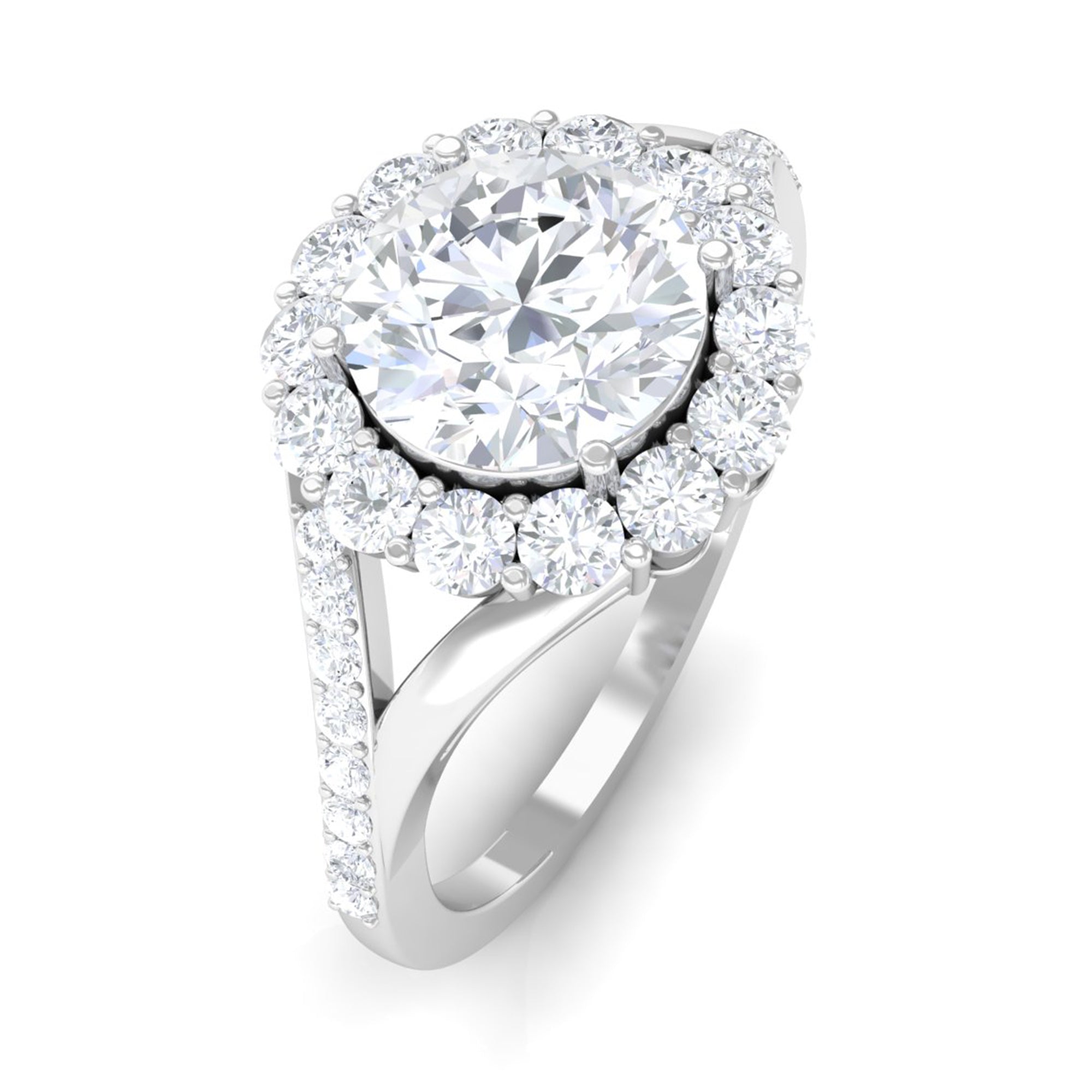 Rosec Jewels-Round Zircon Halo Engagement Ring with Split Shank