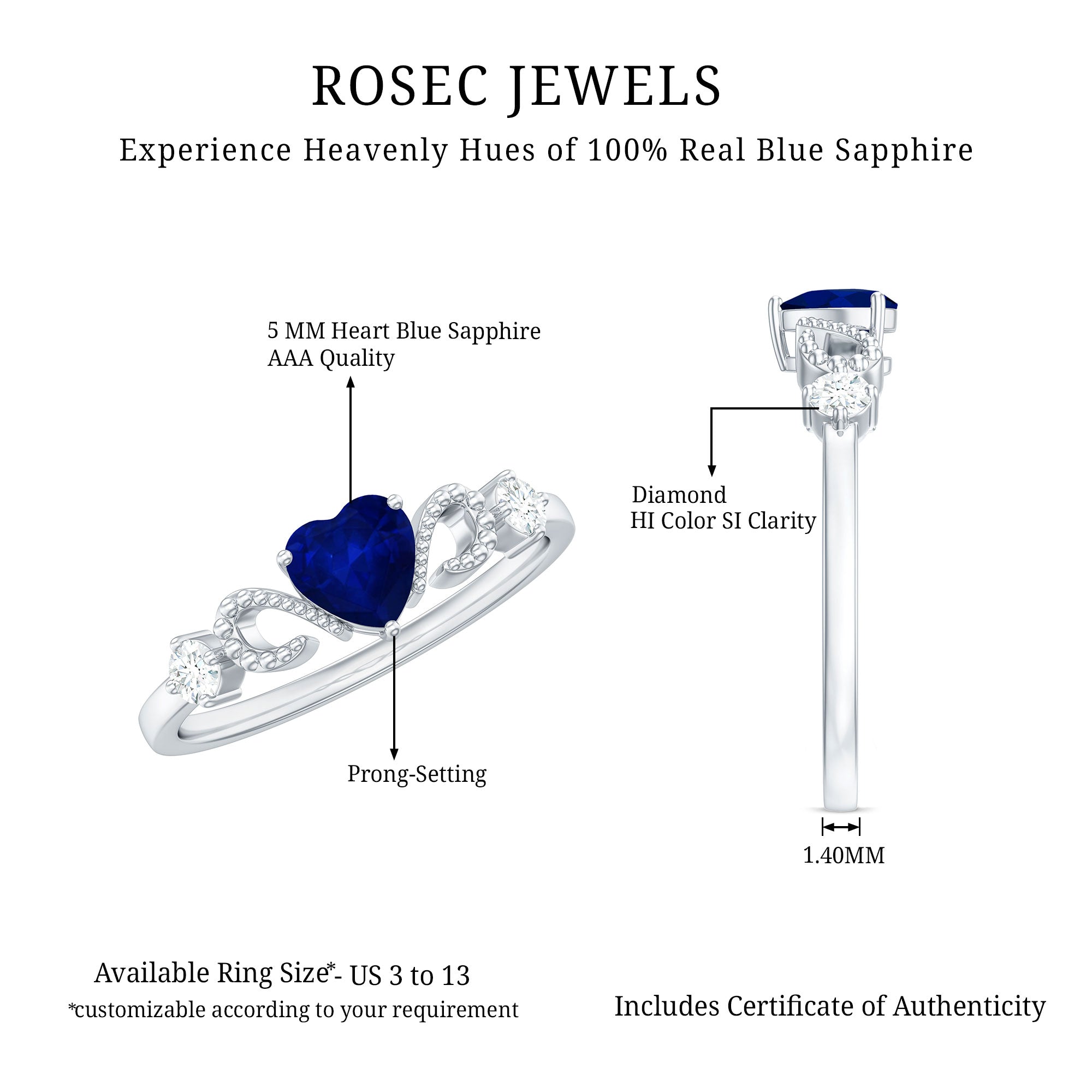 Rosec Jewels-Natural 0.6 Carat Blue Sapphire Heart Promise Ring with Diamond