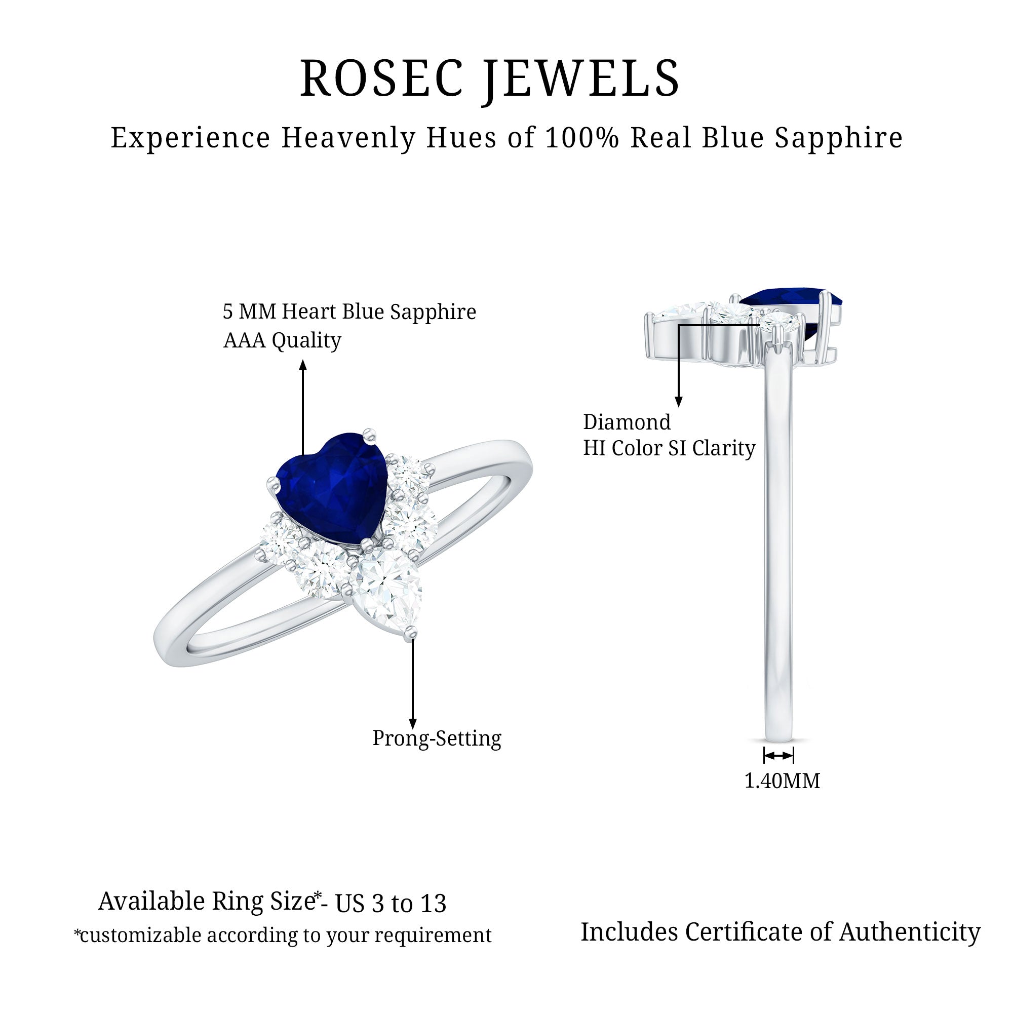 Rosec Jewels-Real 0.6 Carat Heart Shape Blue Sapphire Promise Ring with Diamond