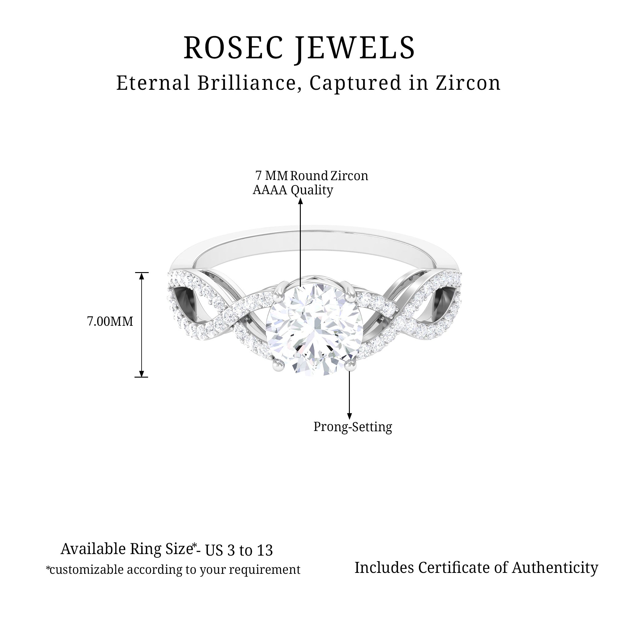 1.75 CT Round Cut Solitaire Zircon Crossover Engagement Ring Zircon - ( AAAA ) - Quality - Rosec Jewels