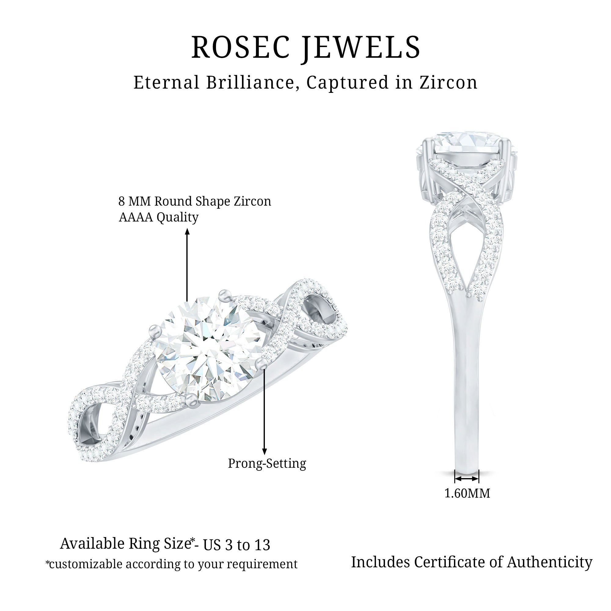 1.75 CT Round Cut Solitaire Zircon Crossover Engagement Ring AAAA - Rosec Jewels