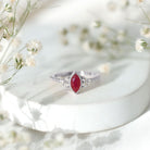 Vintage Style 0.75 Carat Ruby Marquise Engagement Ring with Diamond Trio AAA - Rosec Jewels