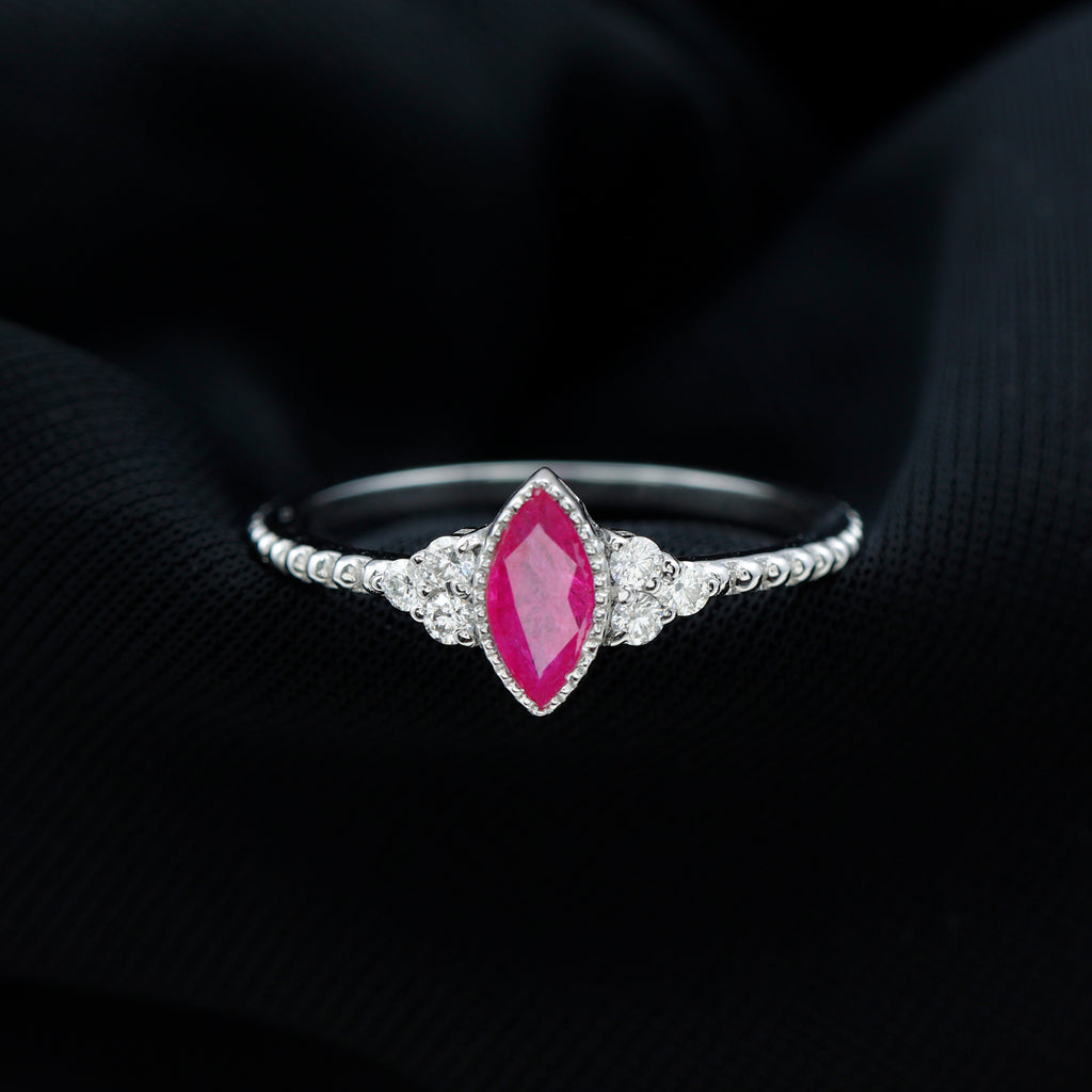 Bezel Set Marquise Ruby Solitaire Promise Ring with Diamond Trio Ruby - ( AAA ) - Quality - Rosec Jewels