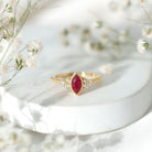 Vintage Style 0.75 Carat Ruby Marquise Engagement Ring with Diamond Trio AAA - Rosec Jewels