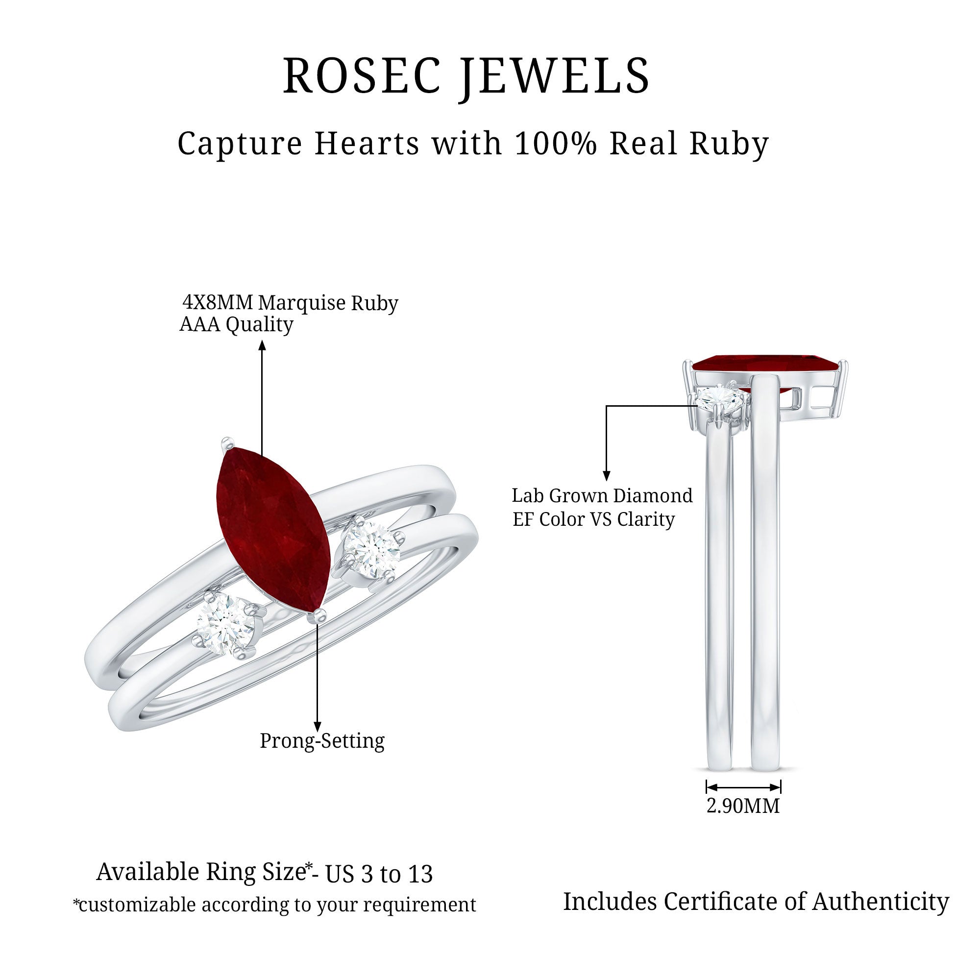 Certified Marquise Ruby Solitaire Wedding Ring Set with Diamond AAA - Rosec Jewels