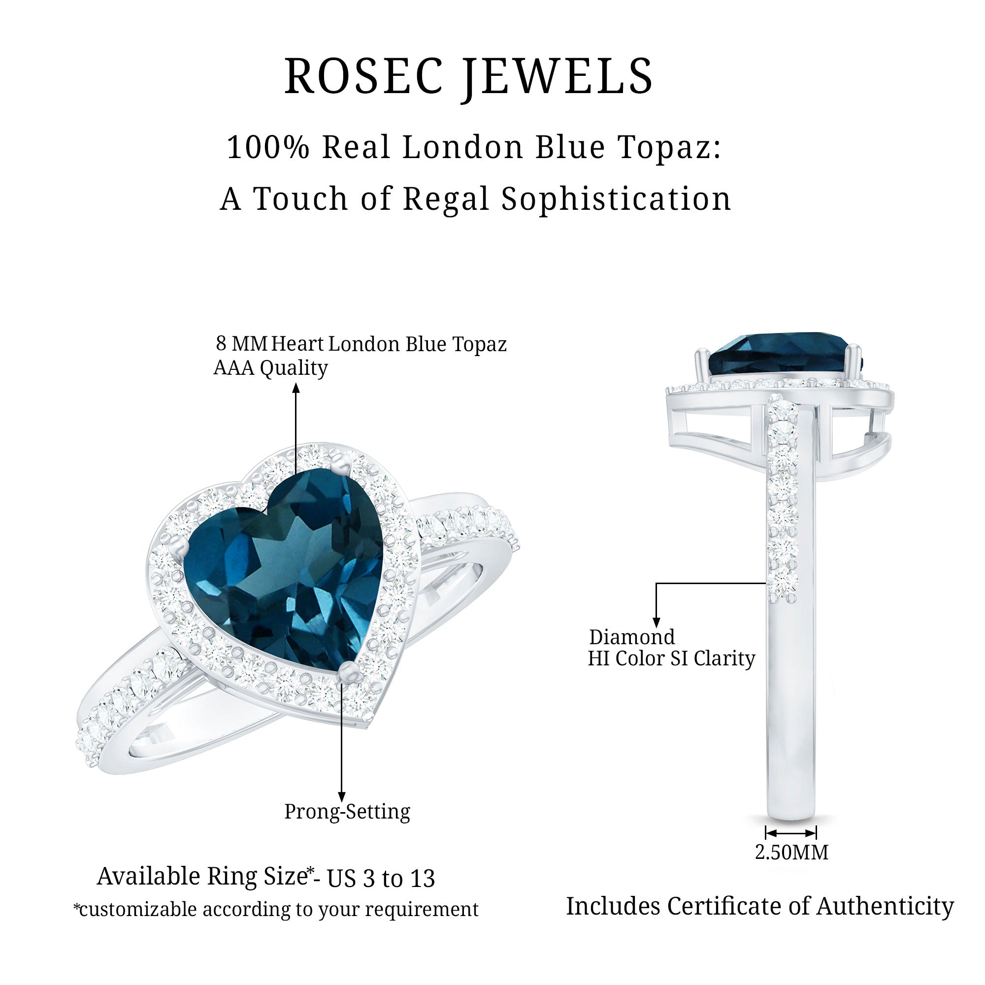 London Blue Topaz Heart Promise Ring with Diamond Halo AAA - Rosec Jewels