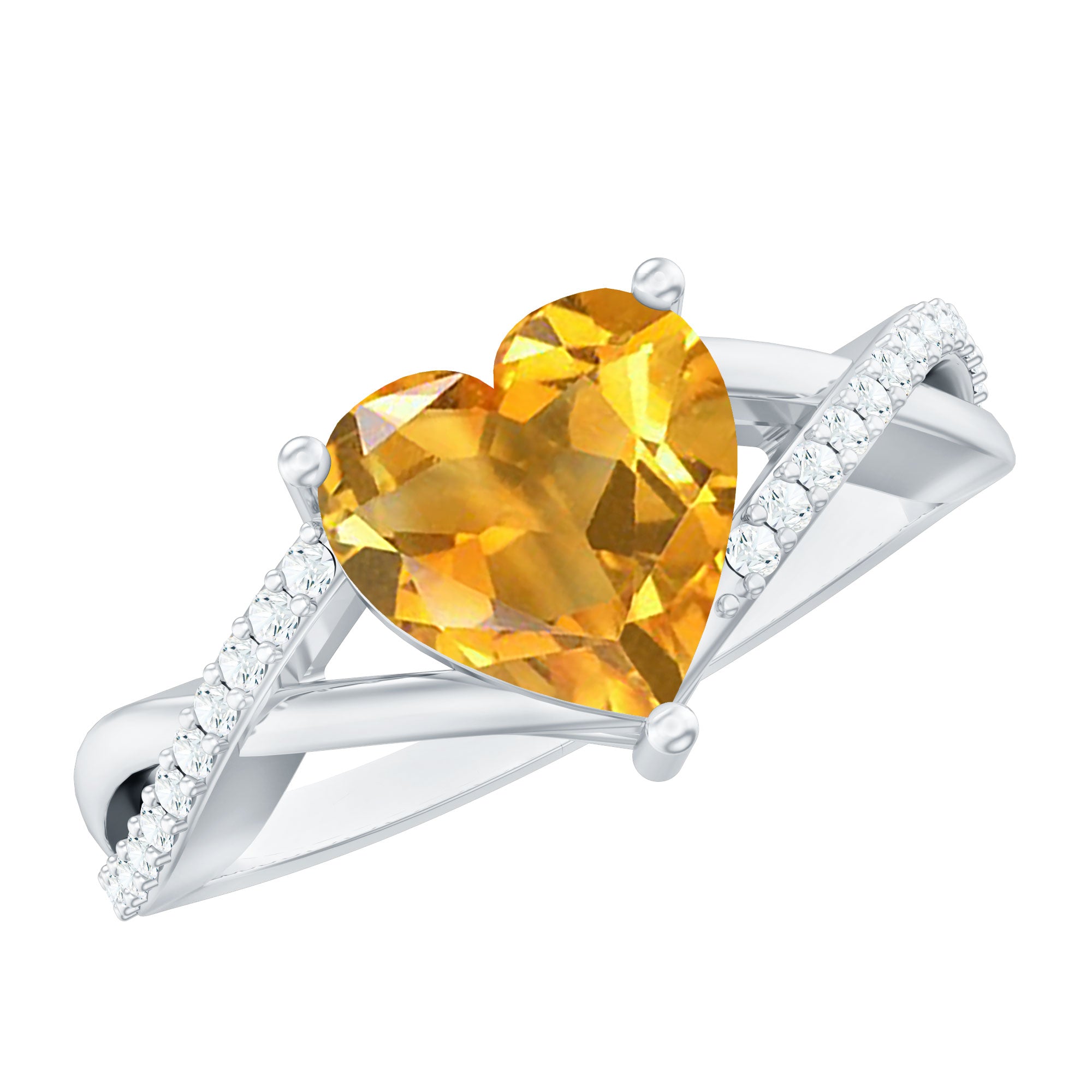 Natural 8mm Citrine Heart Engagement Ring with Diamond Crossover Shank AAA - Rosec Jewels