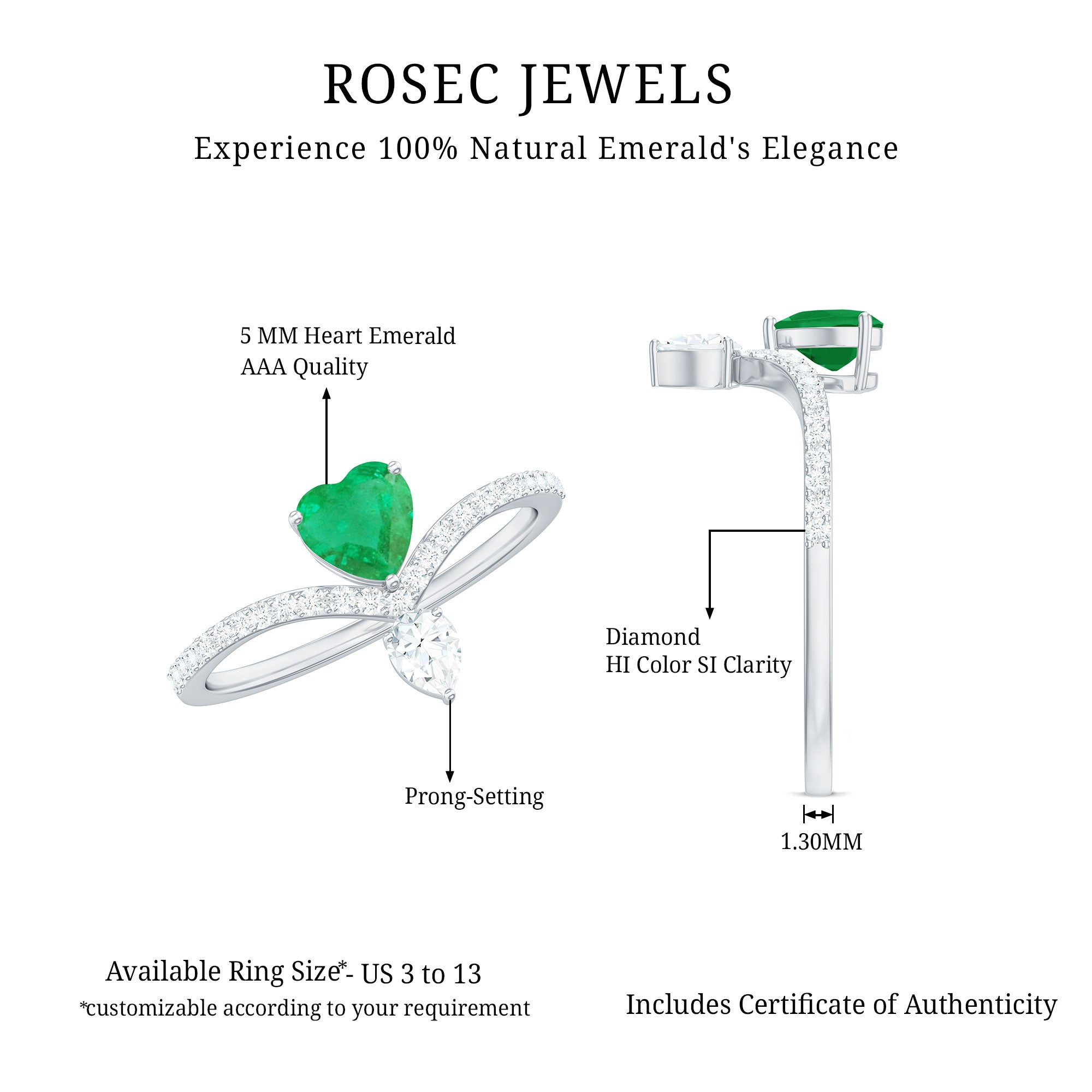 Rosec Jewels-Designer Emerald Heart Engagement Ring with Diamond