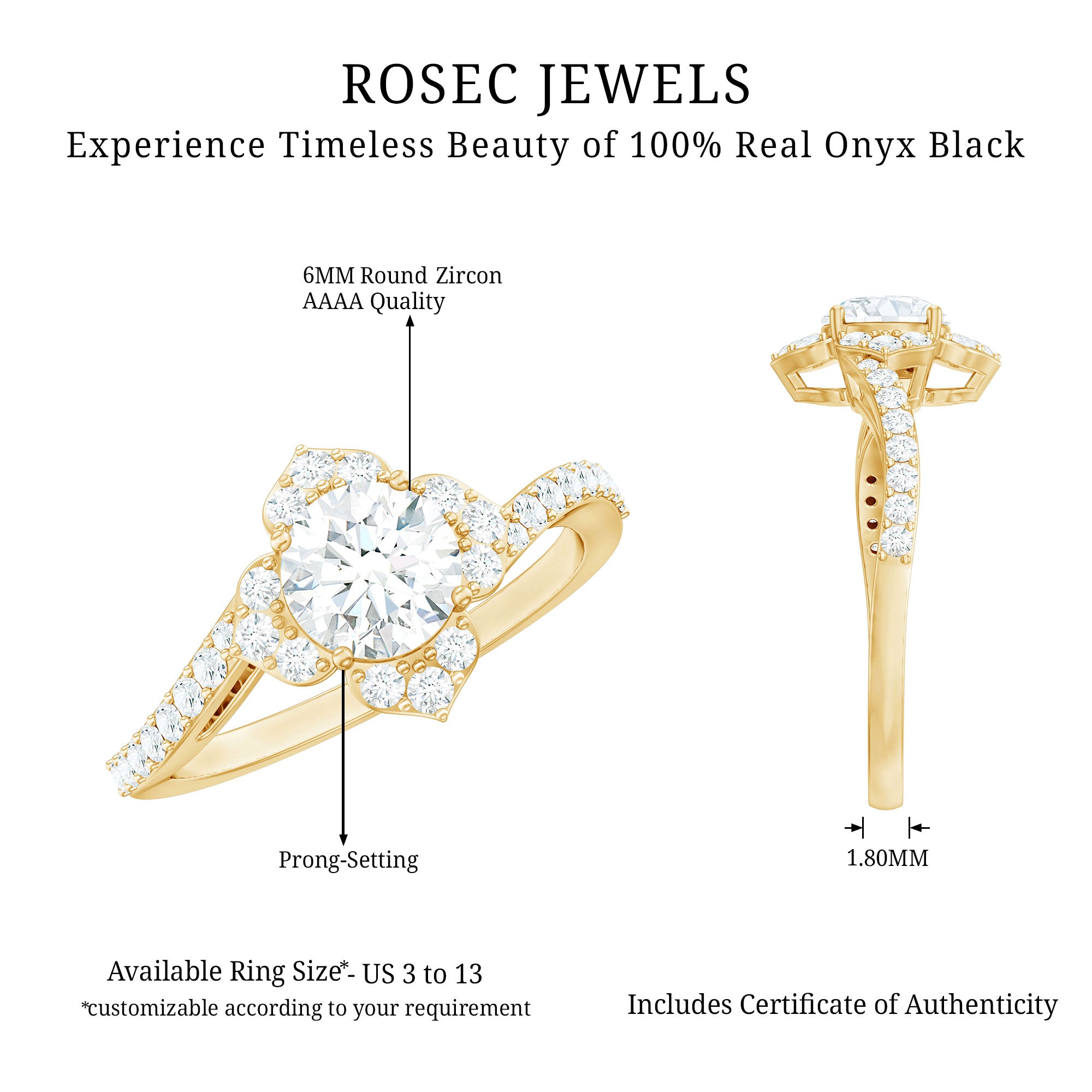 1.75 CT Bypass Shank Round Zircon Flower Engagement Ring AAAA - Rosec Jewels