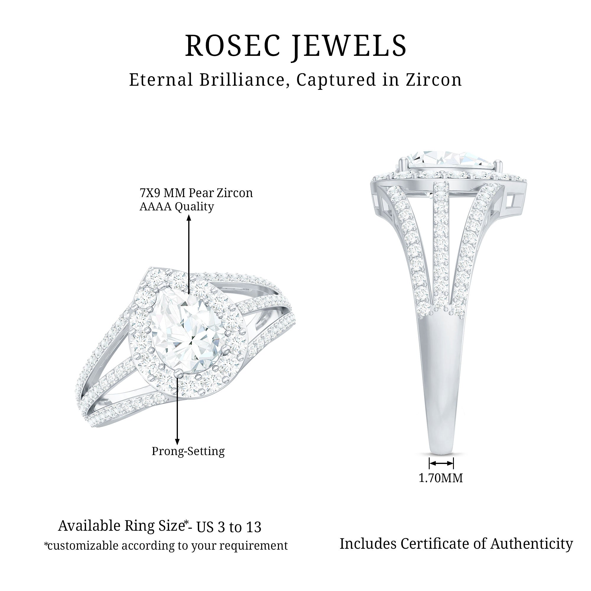 Pear Shaped Cubic Zirconia Split Shank Engagement Ring for Women AAAA - Rosec Jewels