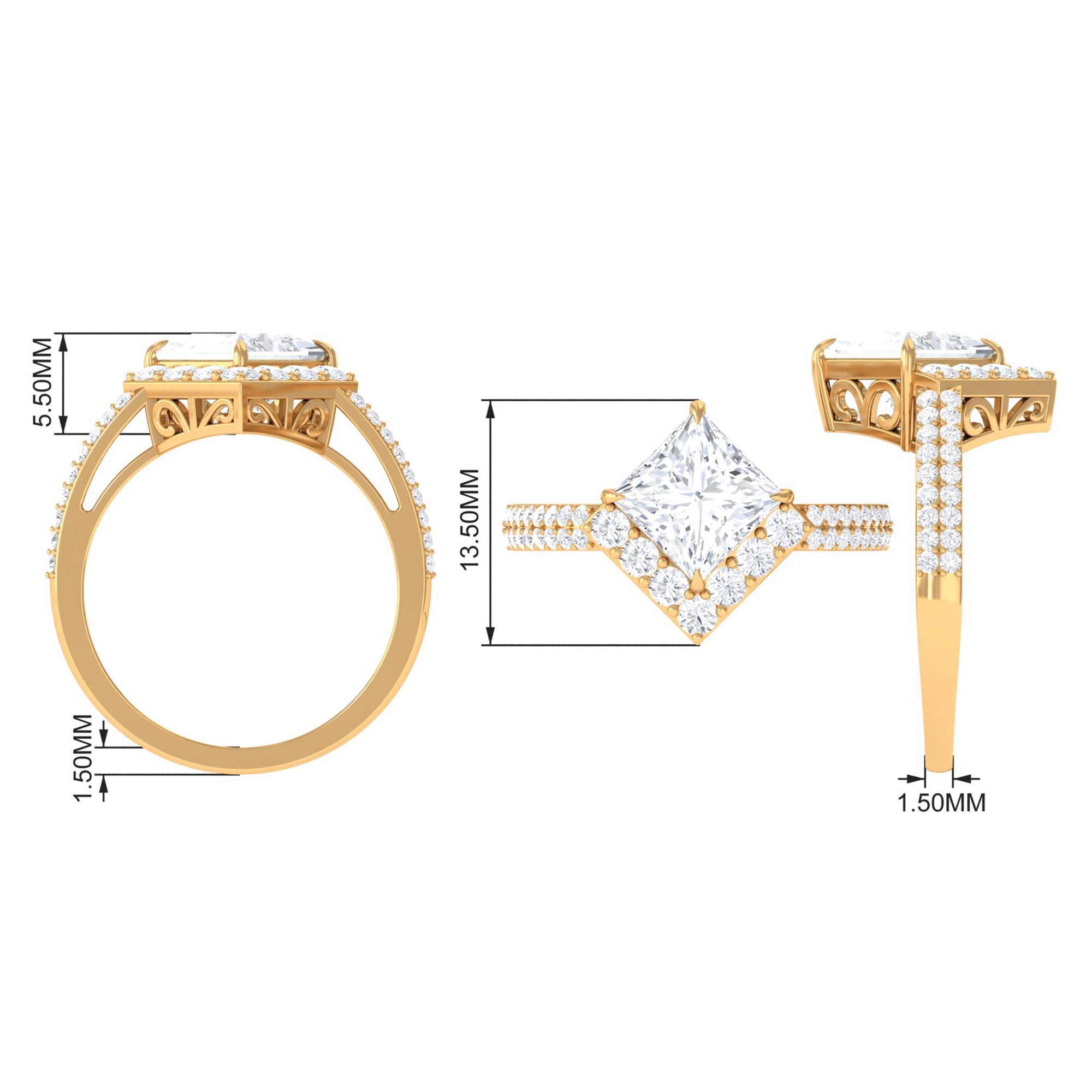 Classic Princess Cut Zircon Engagement Ring with Side Stones AAAA - Rosec Jewels