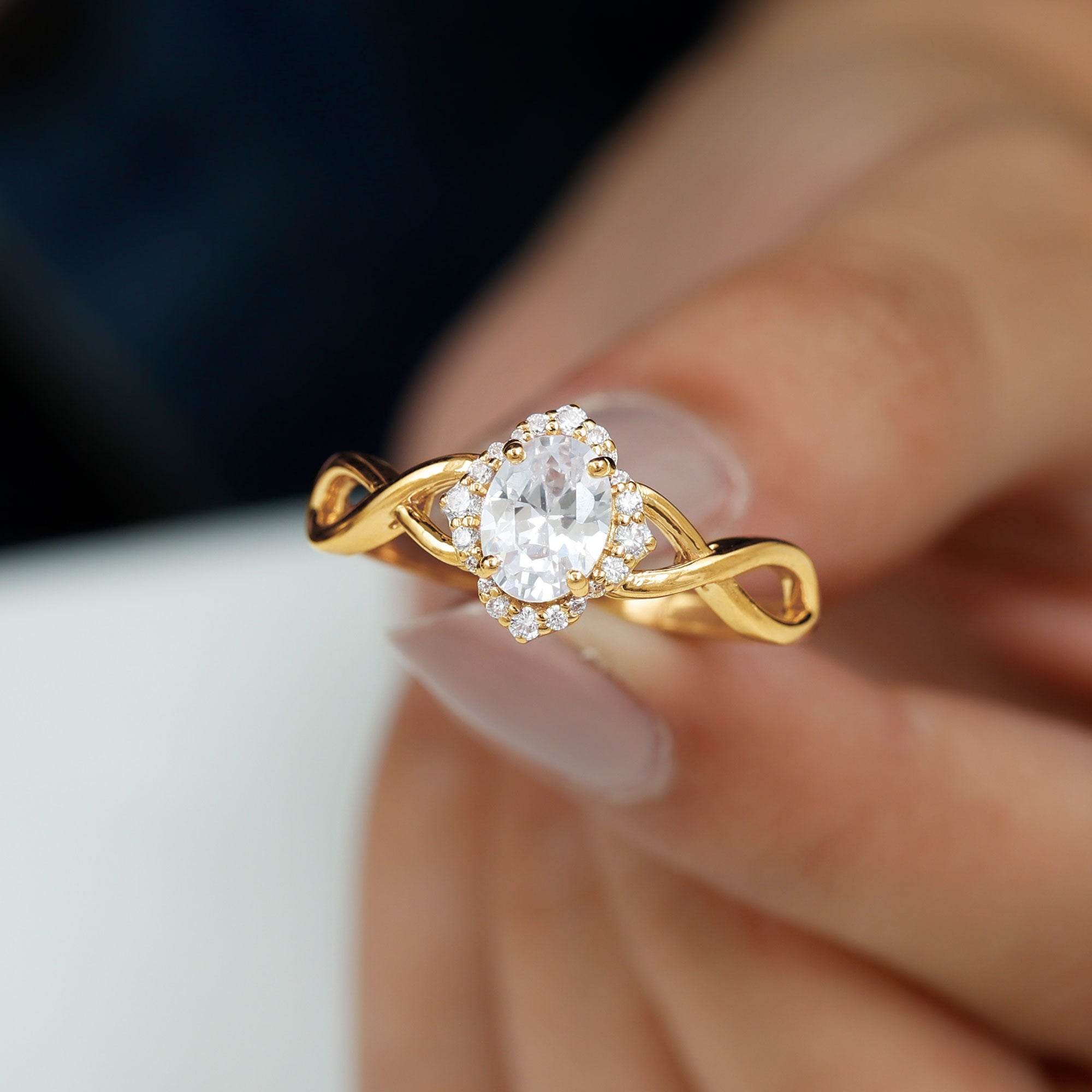 2.25 CT Crossover Shank Oval Zircon Flower Engagement Ring AAAA - Rosec Jewels
