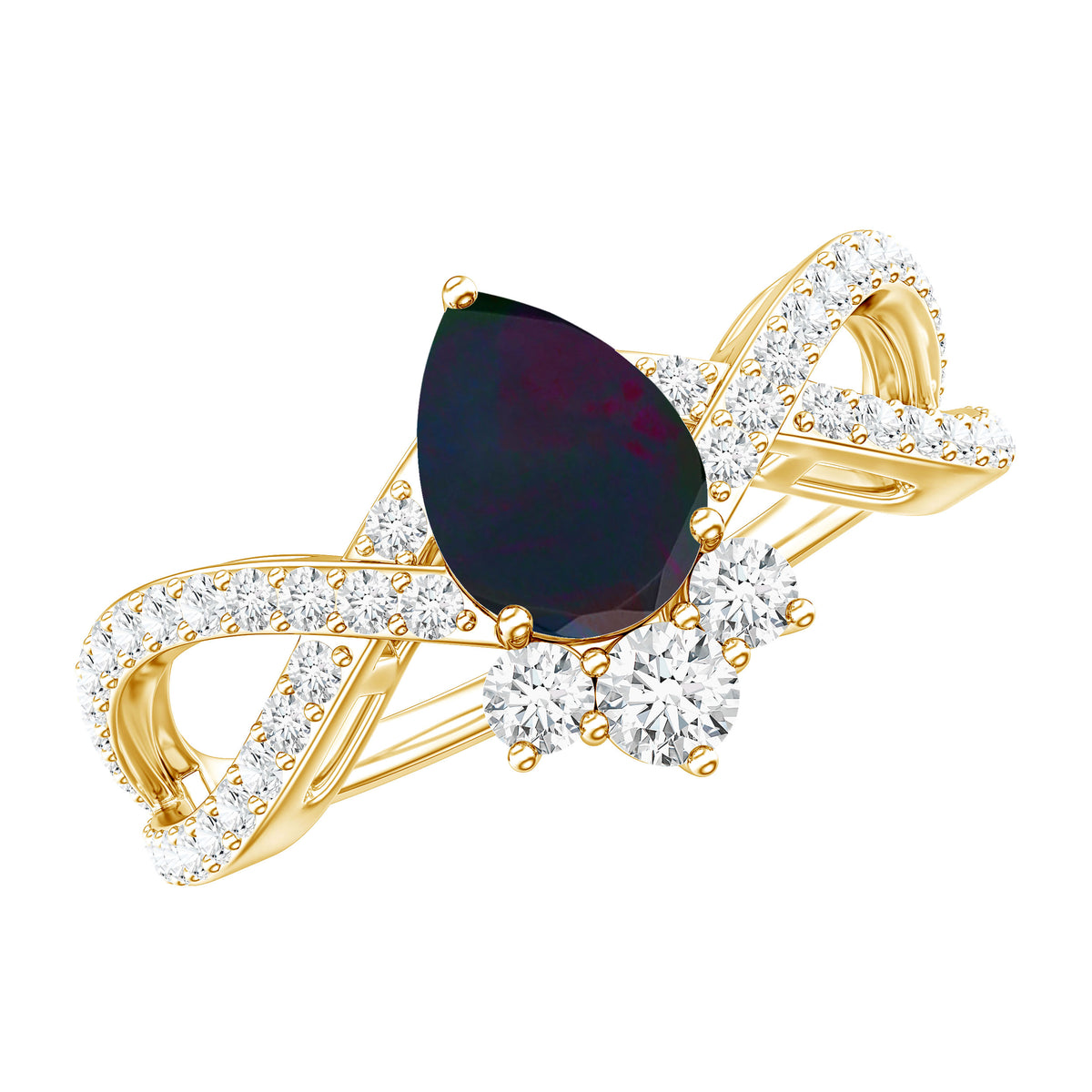 Designer Black Opal Teardrop Crossover Ring with Diamond AAA - Rosec Jewels