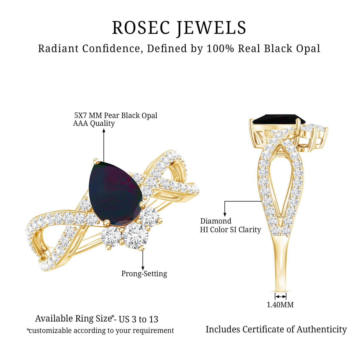 Designer Black Opal Teardrop Crossover Ring with Diamond AAA - Rosec Jewels