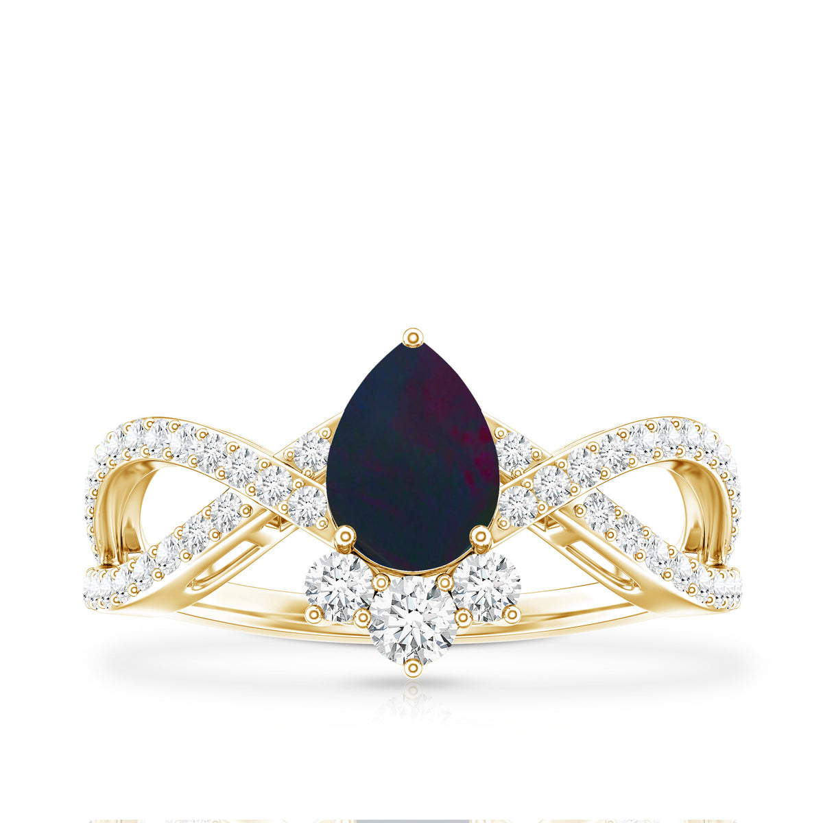 Designer Black Opal Teardrop Crossover Ring with Diamond AAA - Rosec Jewels