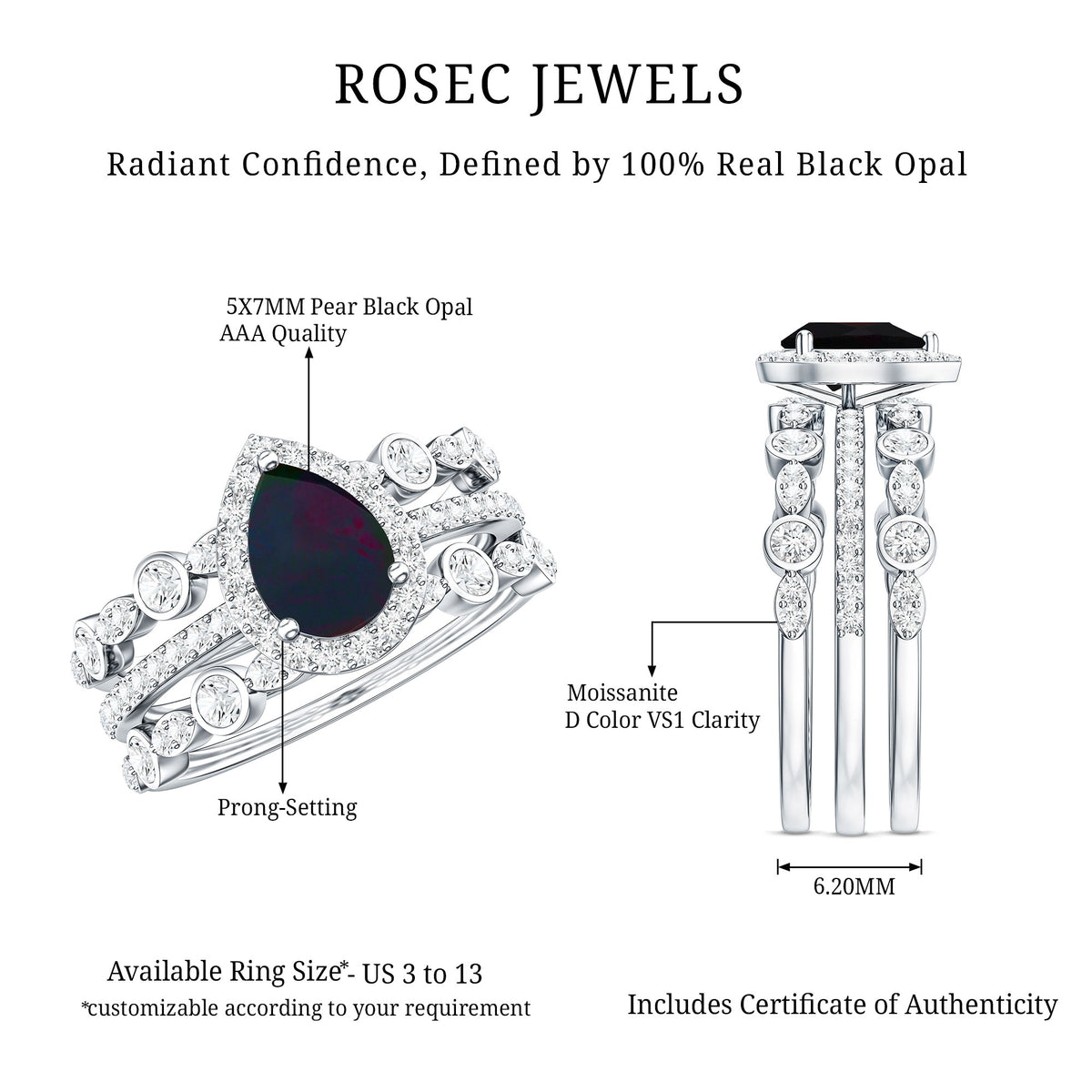 0.7 Carat Pear Cut Black Opal Trio Wedding Ring Set with Moissanite AAA - Rosec Jewels