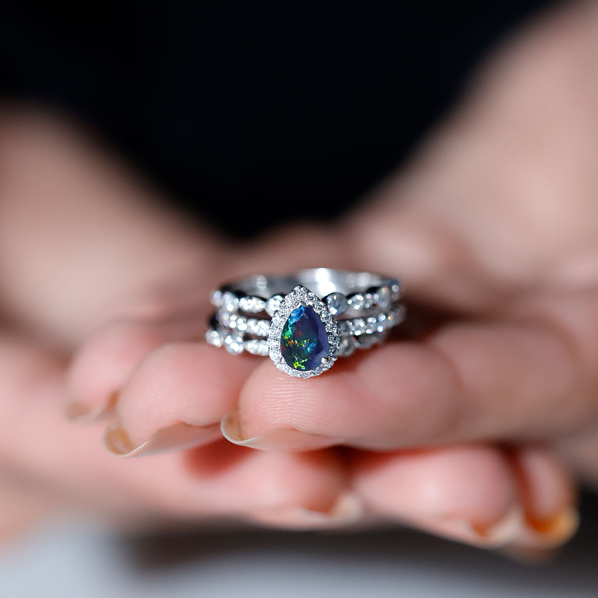 0.7 Carat Pear Cut Black Opal Trio Wedding Ring Set with Moissanite AAA - Rosec Jewels