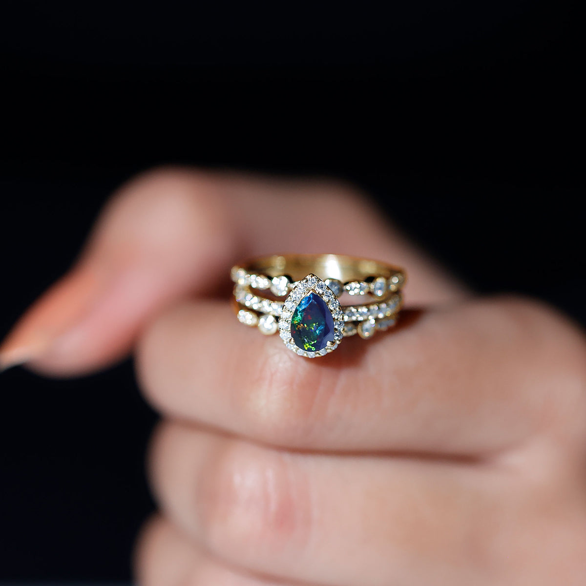 0.7 Carat Pear Cut Black Opal Trio Wedding Ring Set with Moissanite AAA - Rosec Jewels