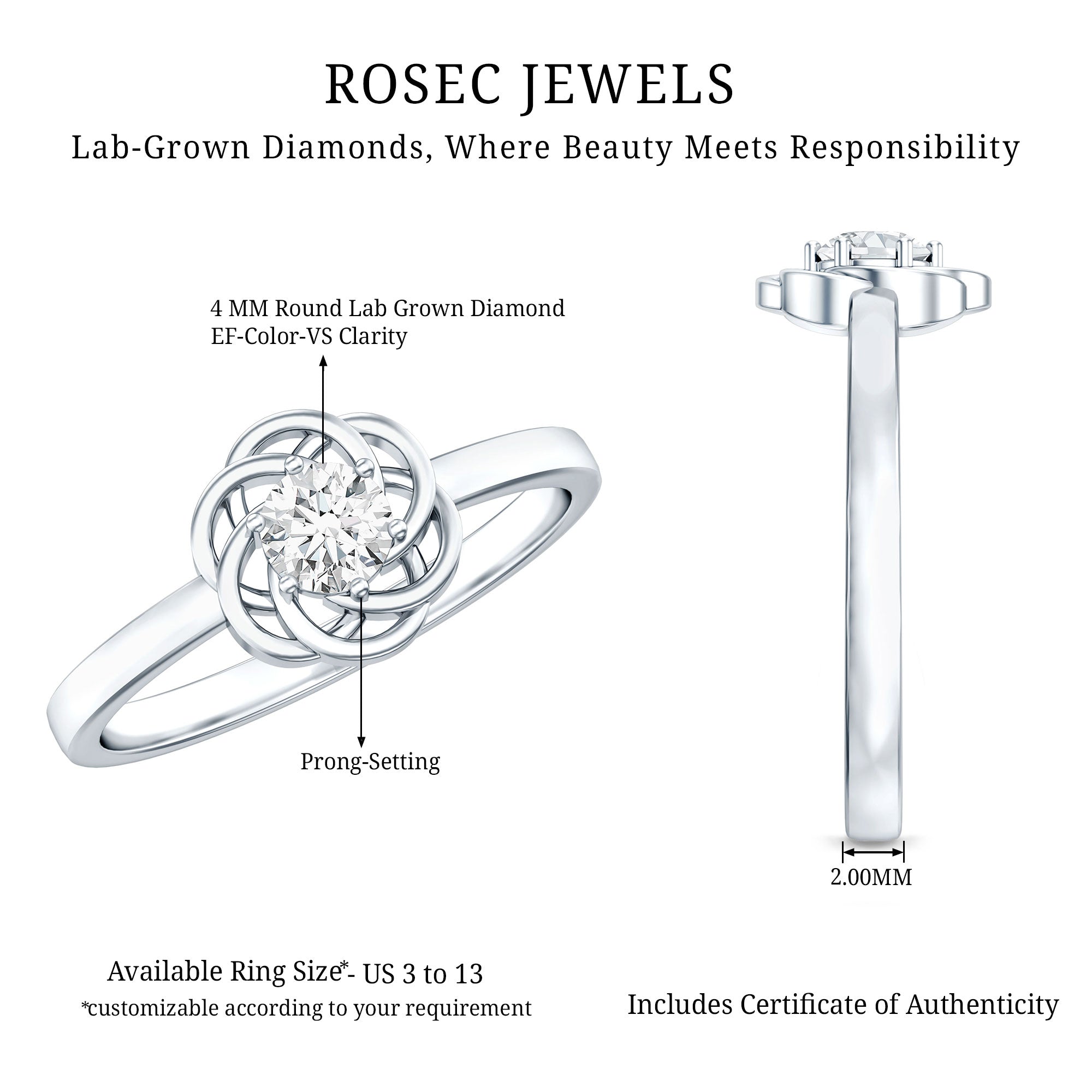 Rosec Jewels-Solitaire Lab Grown Diamond Flower Promise Ring with Certificate