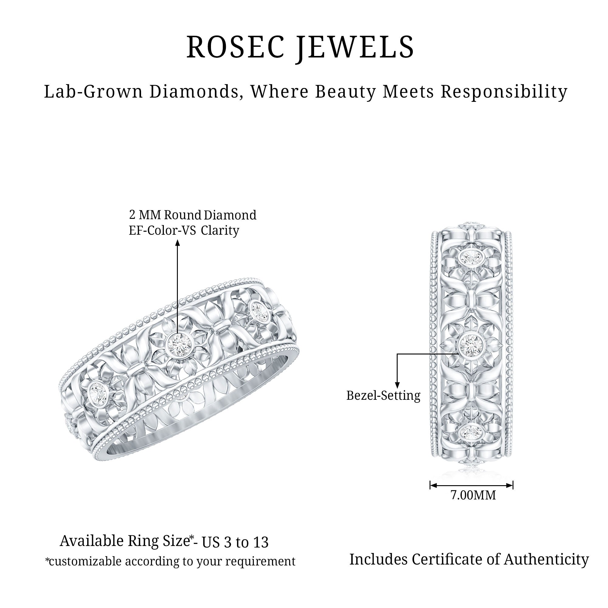 Floral Inspired Lab Grown Diamond Filigree Wedding Band Lab - ( EF-VS ) - Rosec Jewels