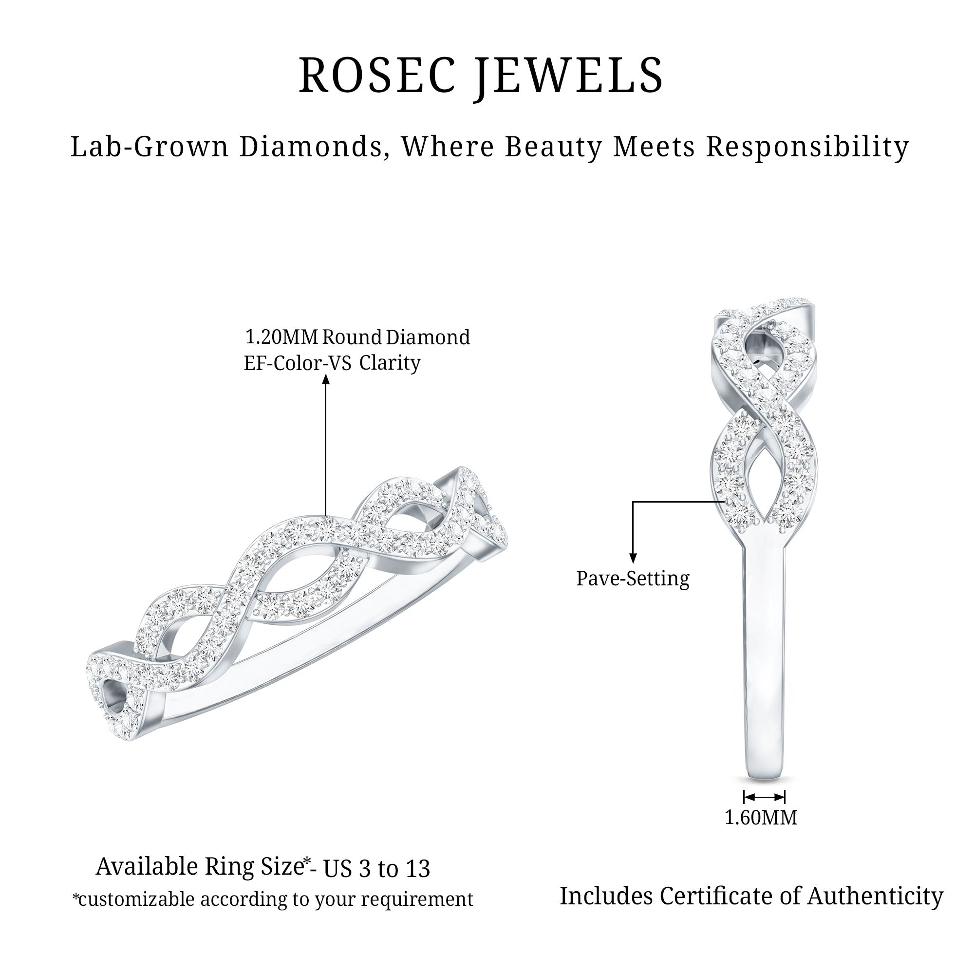 Rosec Jewels-Pave Set Lab Grown Diamond Infinity Wedding Band