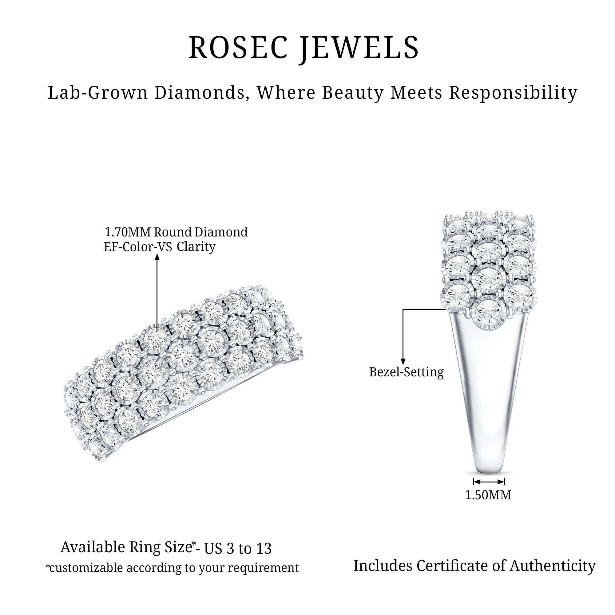 Rosec Jewels-3 Row Lab Grown Diamond Wide Wedding Band with Certificate