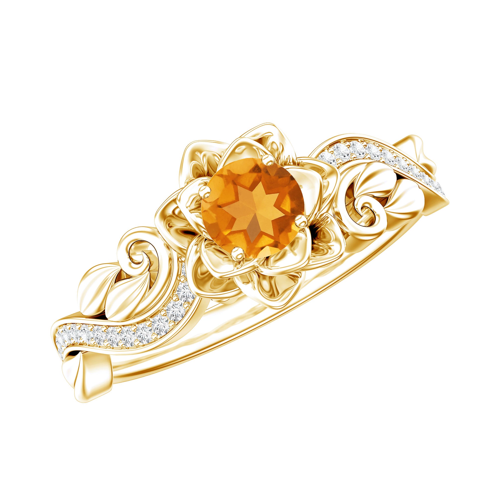 Genuine Citrine Rose Engagement Ring with Diamonds AAA 14K Yellow Gold Plated Silver - Rosec Jewels