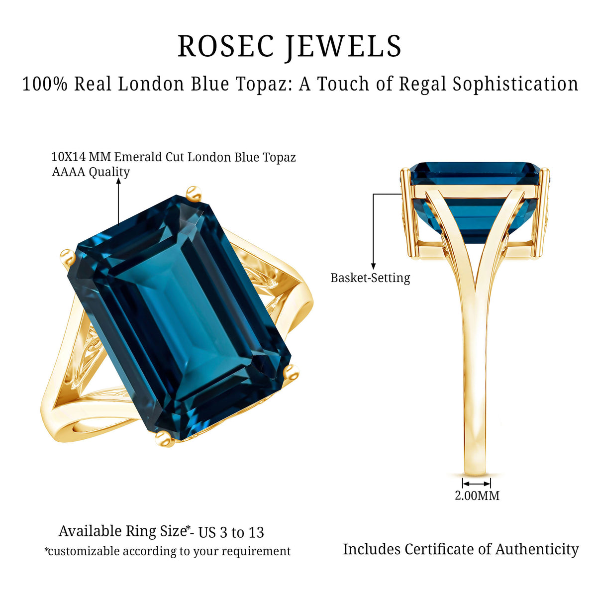8 Carat Lab Grown London Blue Topaz Emerald Cut Engagement Ring in Silver AAAA 14K Yellow Gold Plated Silver - Rosec Jewels