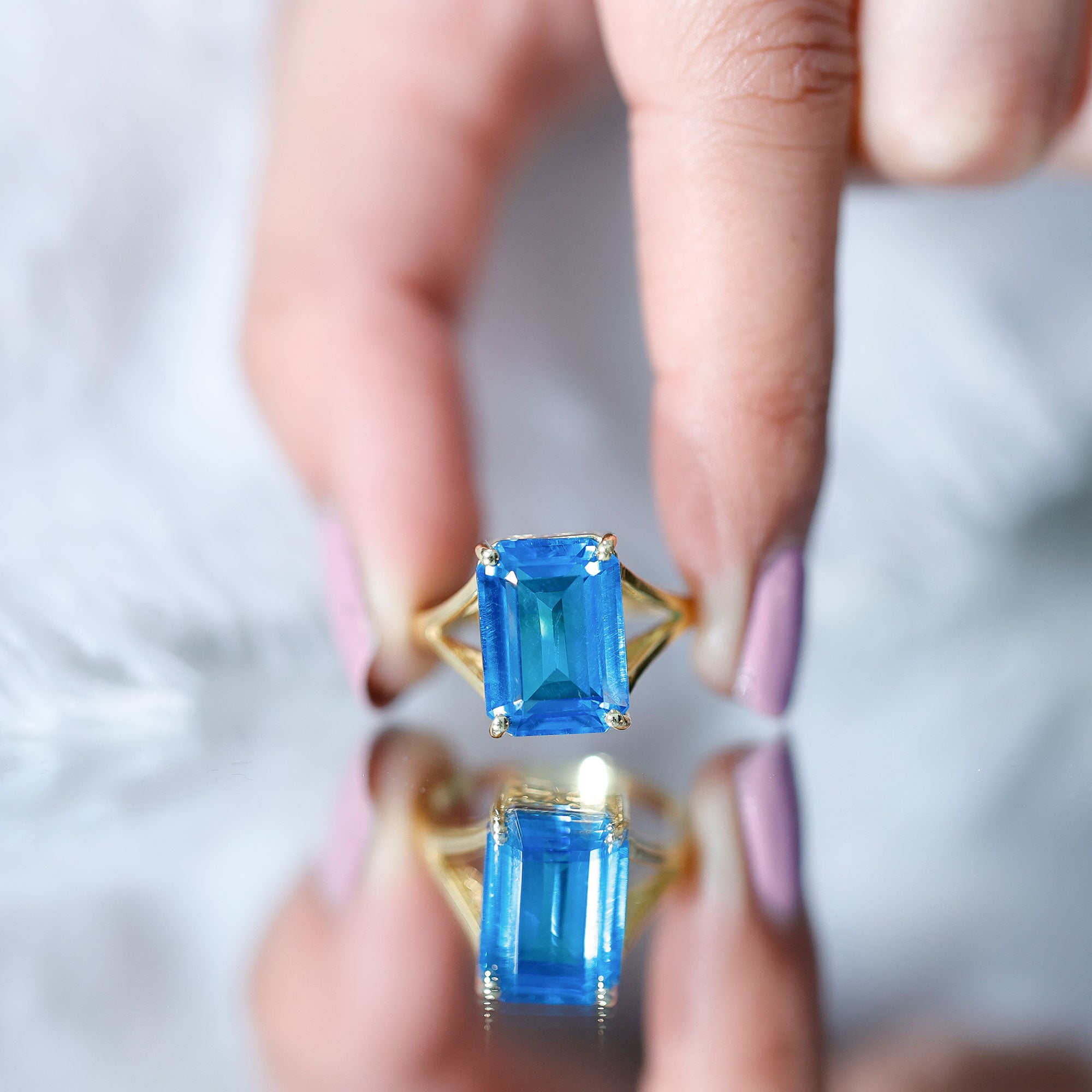 8 Carat Lab Grown London Blue Topaz Emerald Cut Engagement Ring in Silver AAAA 14K Yellow Gold Plated Silver - Rosec Jewels