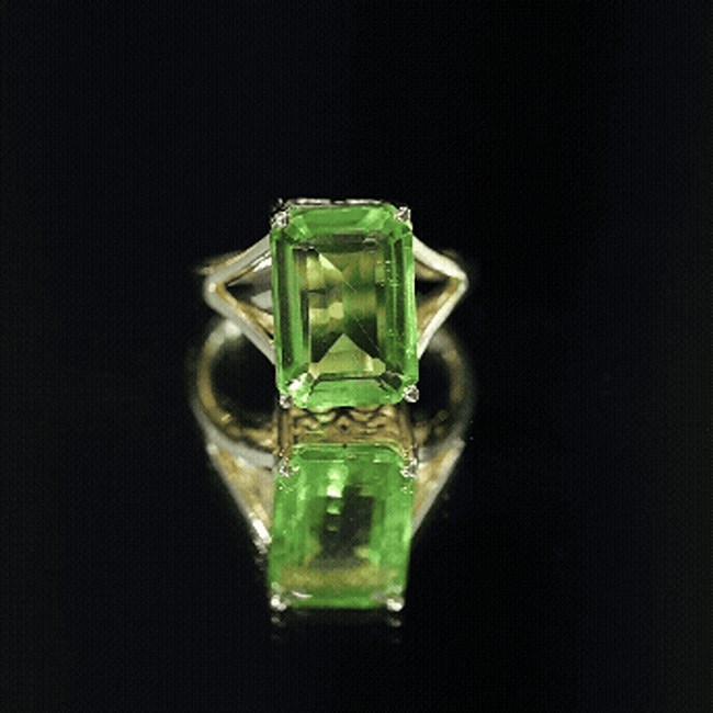 8 Carat Lab Created Peridot Emerald Cut Engagement Ring with Split Shank AAAA 14K Yellow Gold Plated Silver - Rosec Jewels