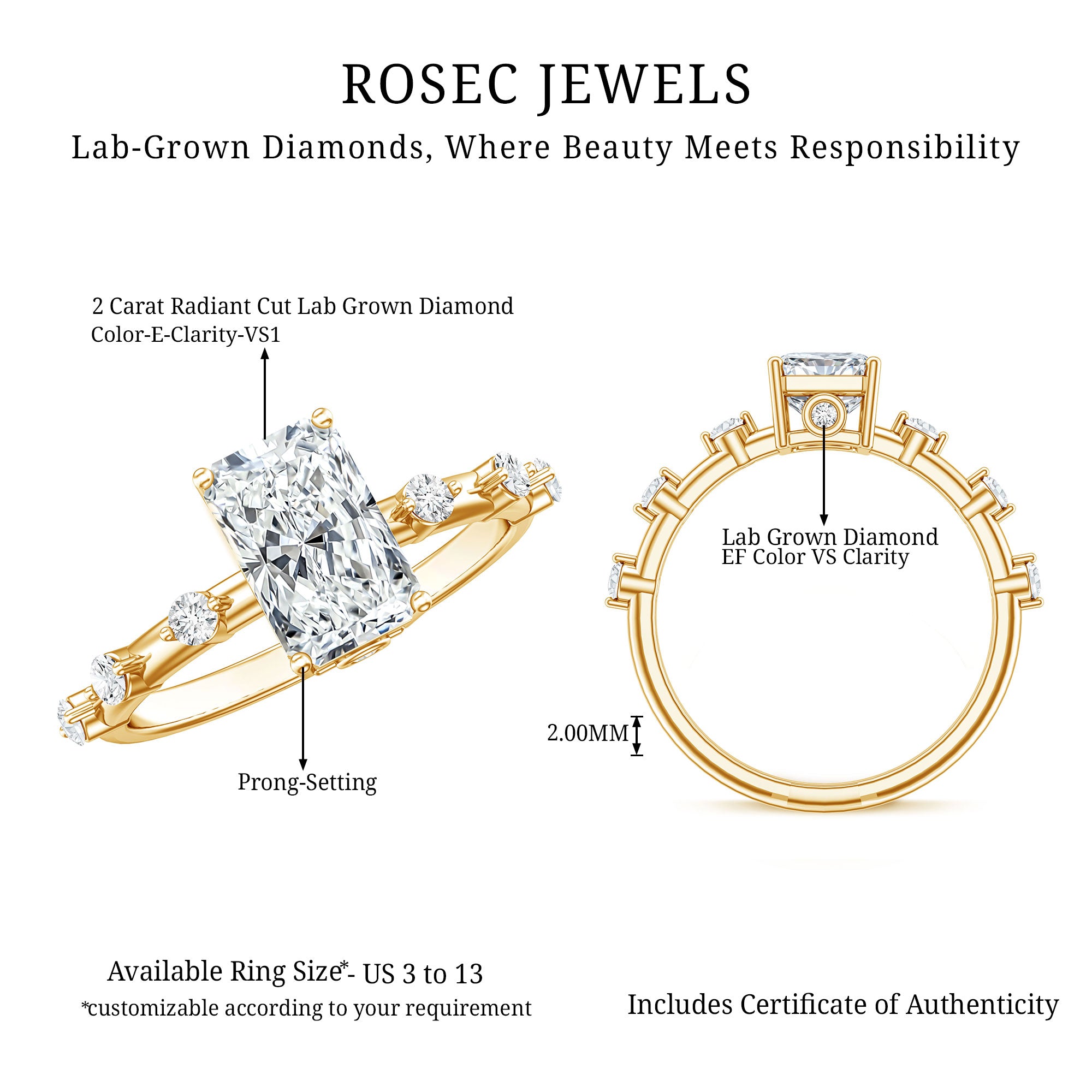 Rosec Jewels-IGI Certified 2 Carat Radiant Cut Lab Grown Diamond Engagement Ring with Spaced Accent