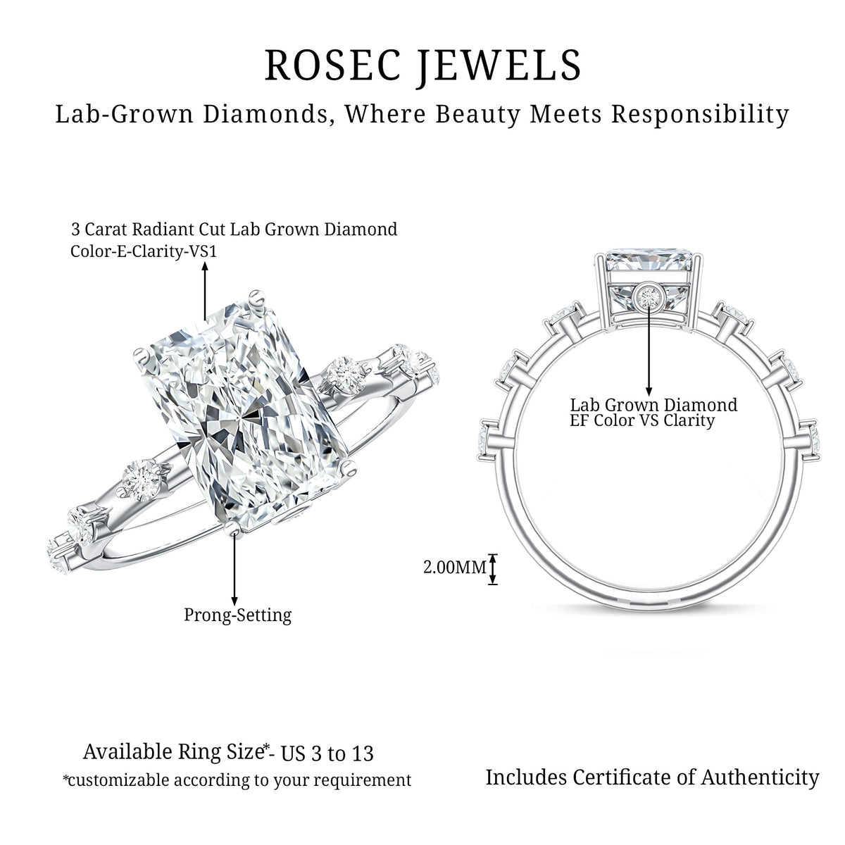 3 Carat Lab Grown Diamond Radiant Engagement Ring with IGI Certificate Lab - ( E-VS1 ) - Rosec Jewels