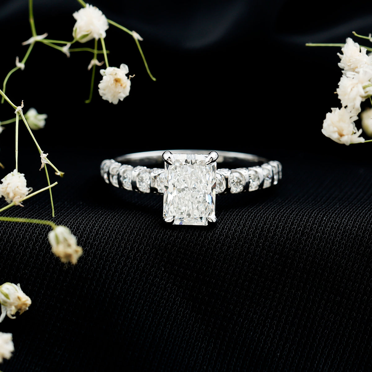 Lab Grown 2 Carat Diamond Radiant Cut Side Stone Engagement Ring IGI Certified Lab - ( E-VS1 ) - Rosec Jewels