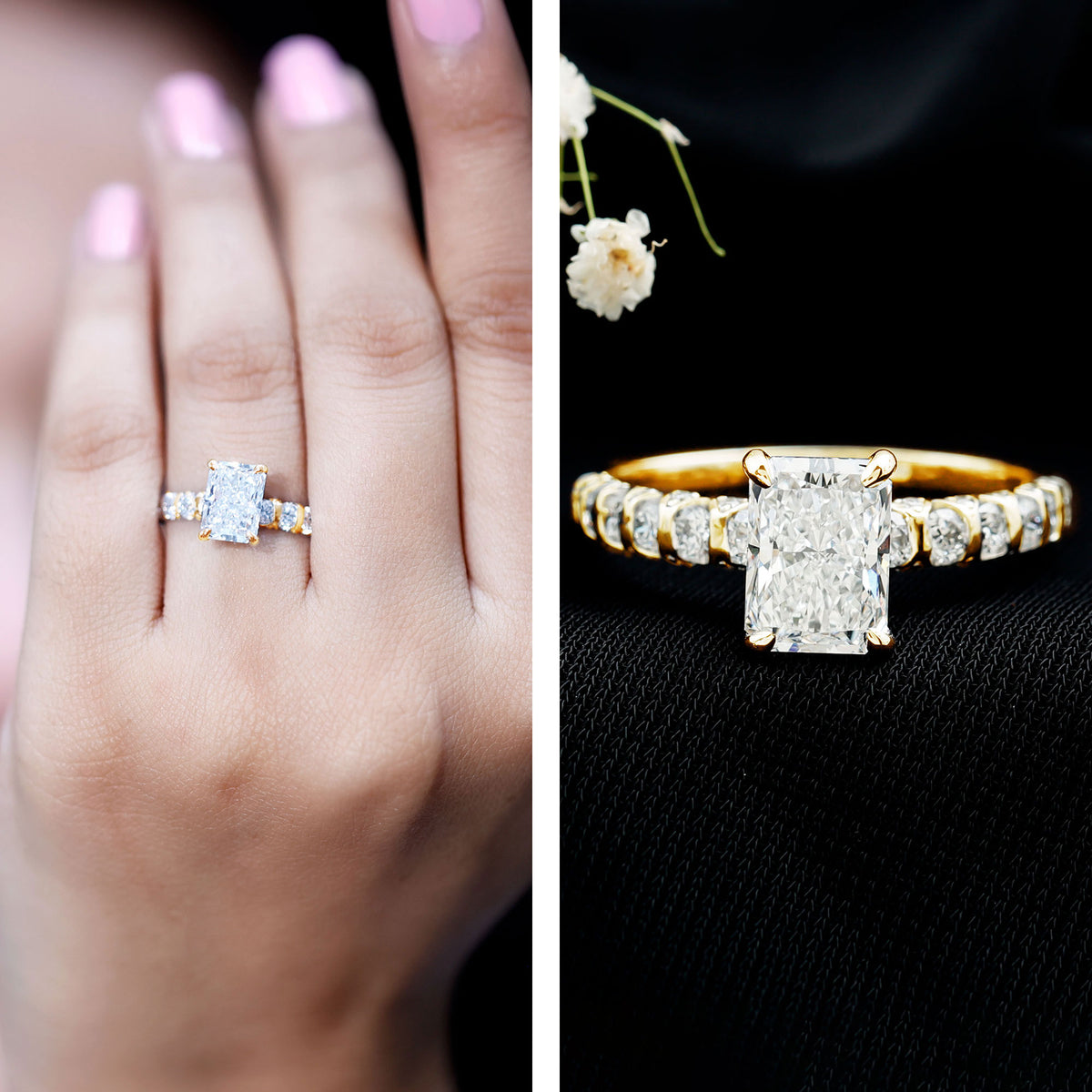 Lab Grown 2 Carat Diamond Radiant Cut Side Stone Engagement Ring IGI Certified Lab - ( E-VS1 ) - Rosec Jewels