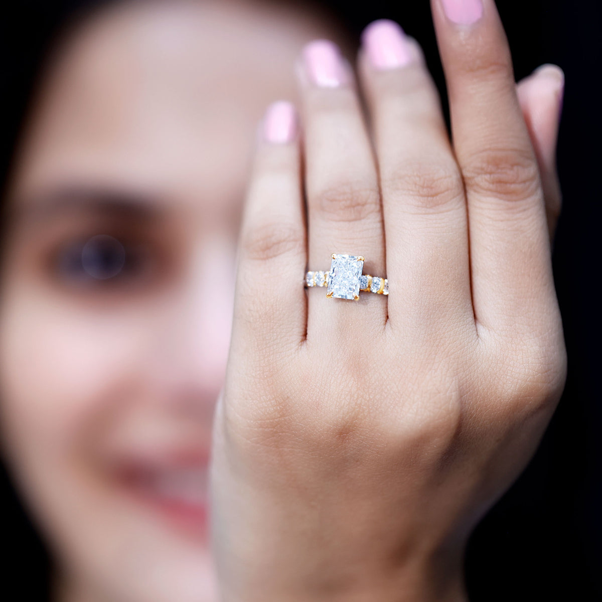 Lab Grown 2 Carat Diamond Radiant Cut Side Stone Engagement Ring IGI Certified Lab - ( E-VS1 ) - Rosec Jewels