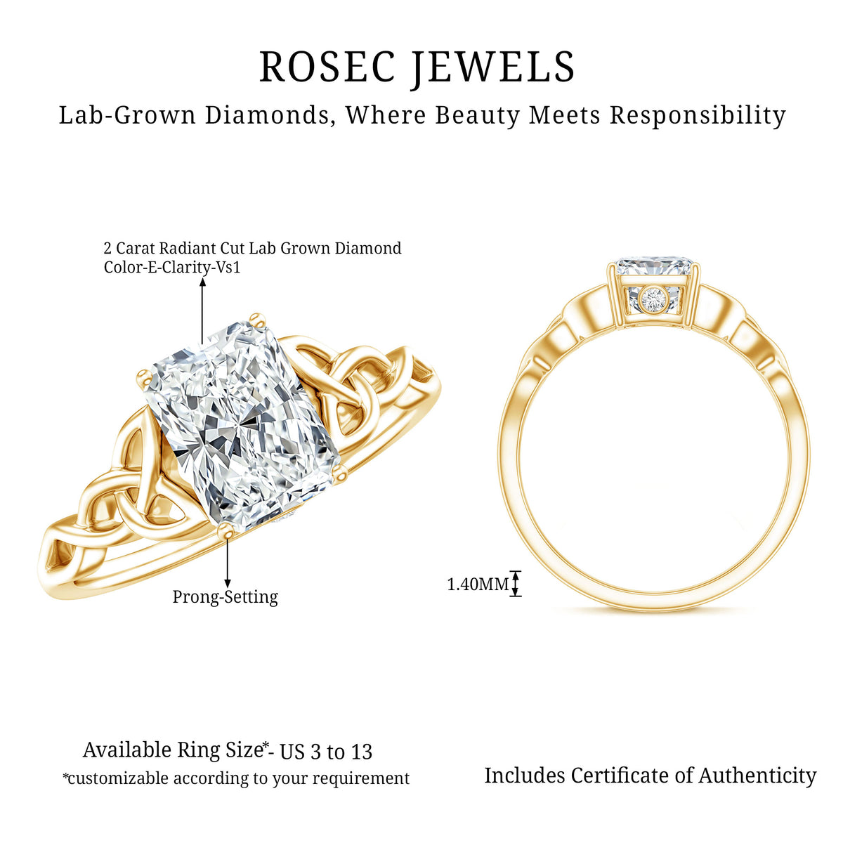 IGI Certified 2 Carat Lab Grown Diamond Radiant Cut Engagement Ring with Celtic Knot Lab - ( E-VS1 ) - Rosec Jewels
